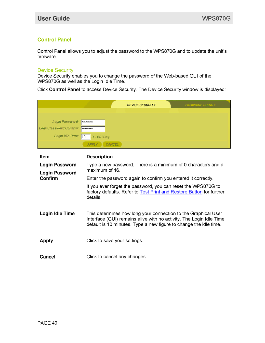 Motorola WPS870G manual Control Panel, Device Security, Login Password Confirm Description, Login Idle Time 