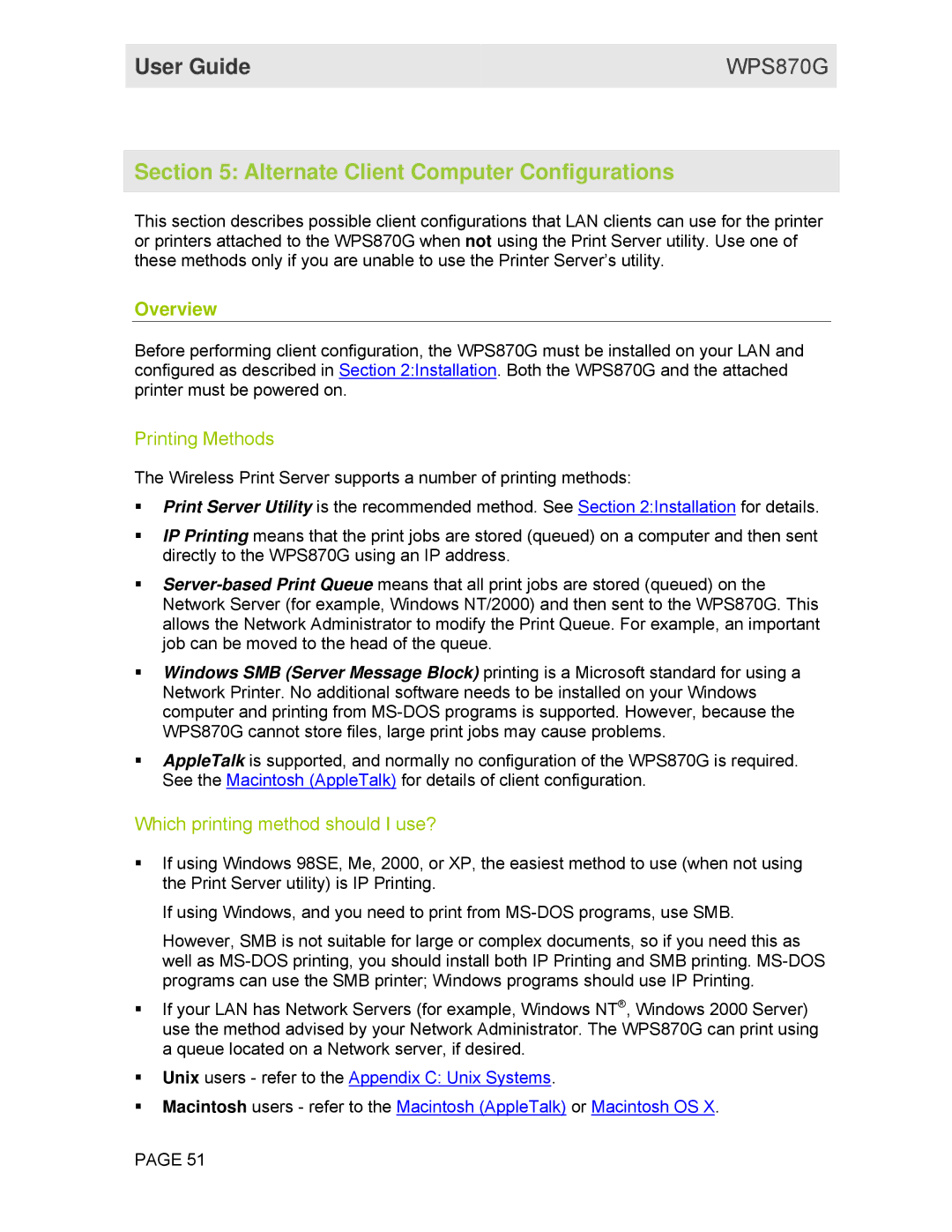 Motorola WPS870G manual Alternate Client Computer Configurations, Printing Methods, Which printing method should I use? 