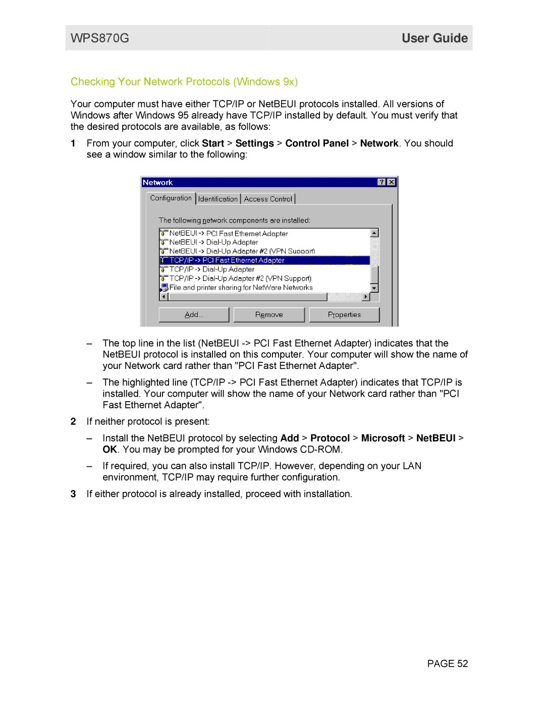 Motorola WPS870G manual Checking Your Network Protocols Windows 