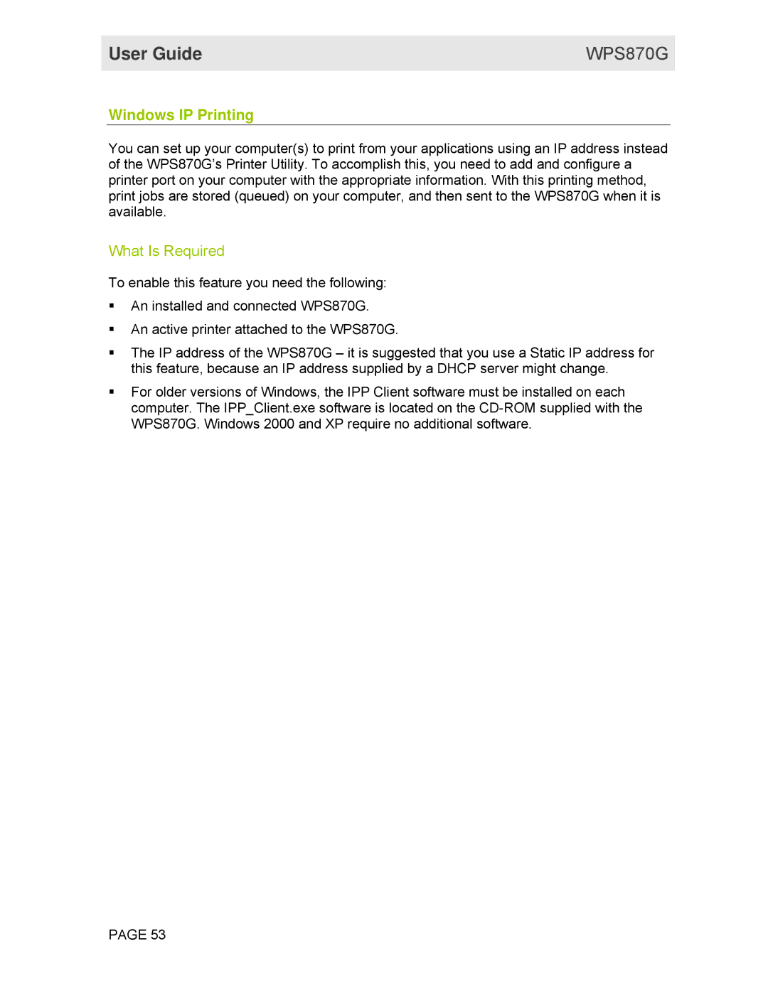Motorola WPS870G manual Windows IP Printing, What Is Required 
