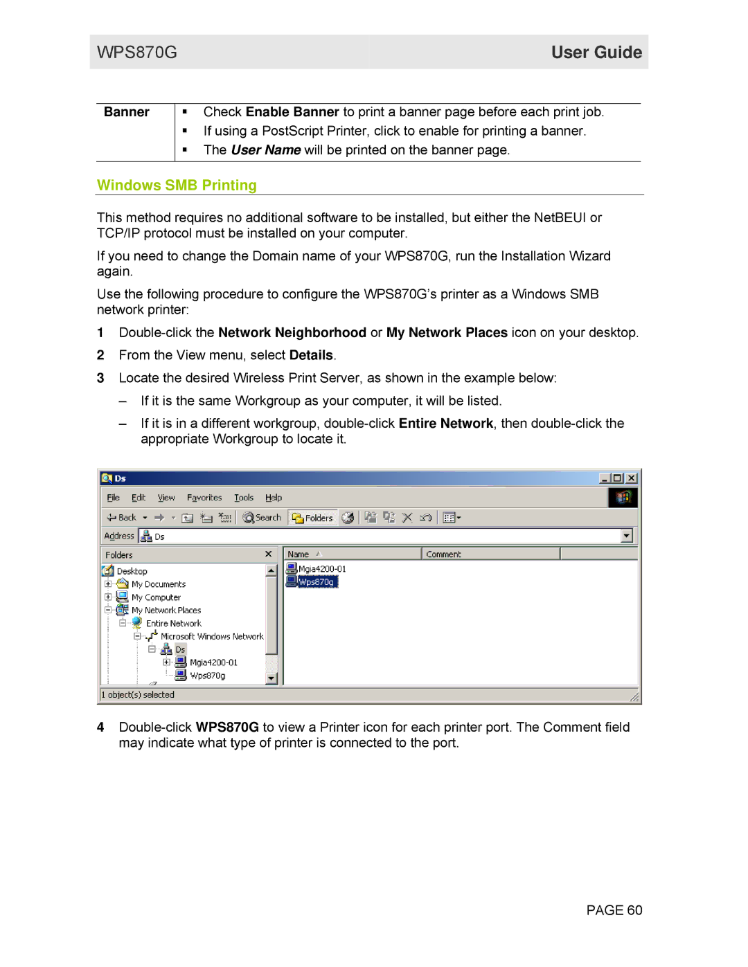 Motorola WPS870G manual Windows SMB Printing, Banner 