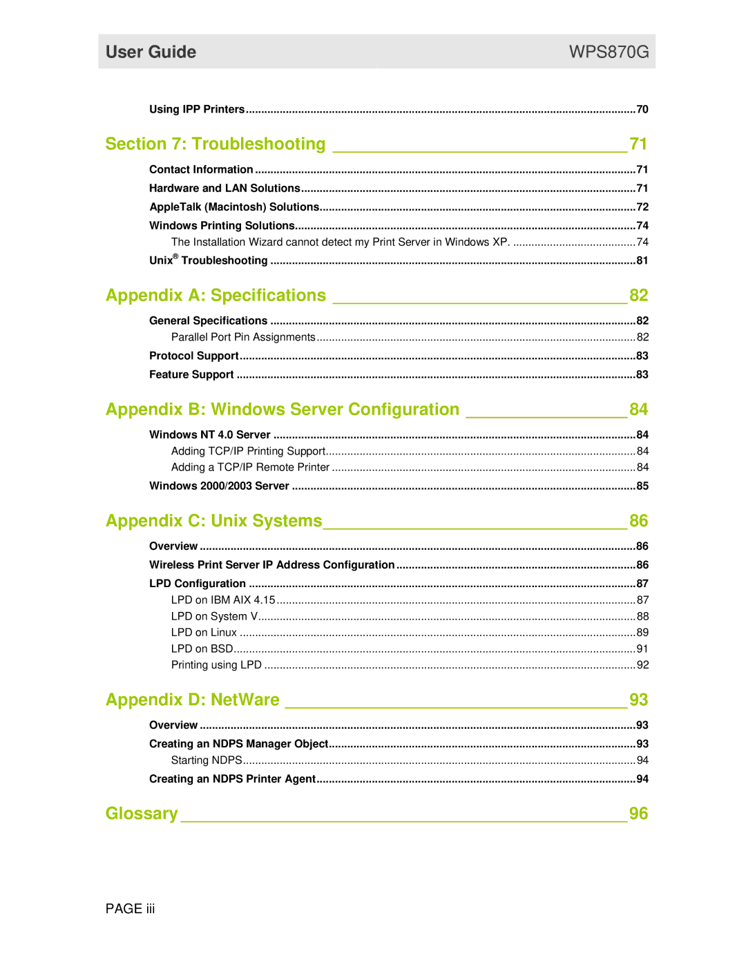 Motorola WPS870G manual Appendix a Specifications 