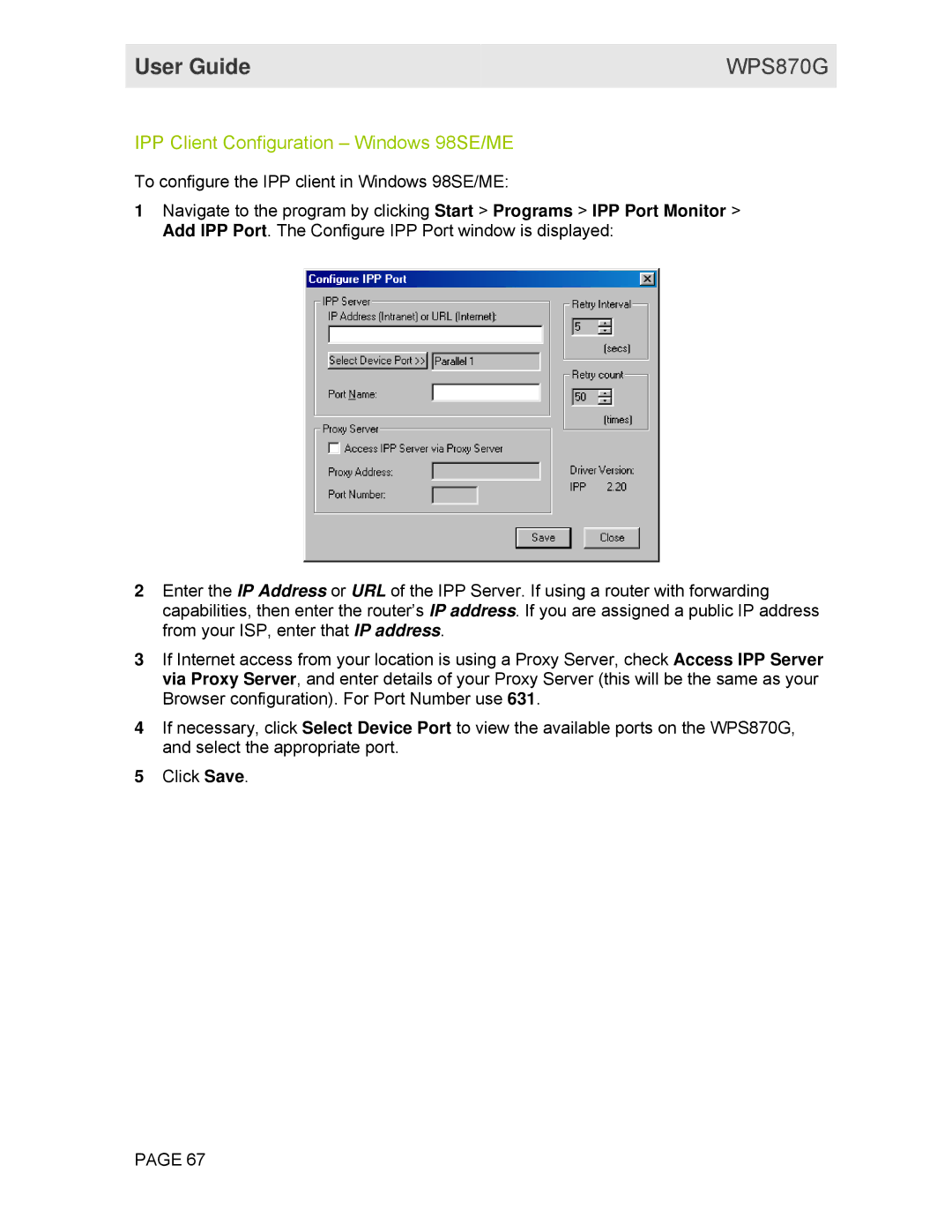 Motorola WPS870G manual IPP Client Configuration Windows 98SE/ME 