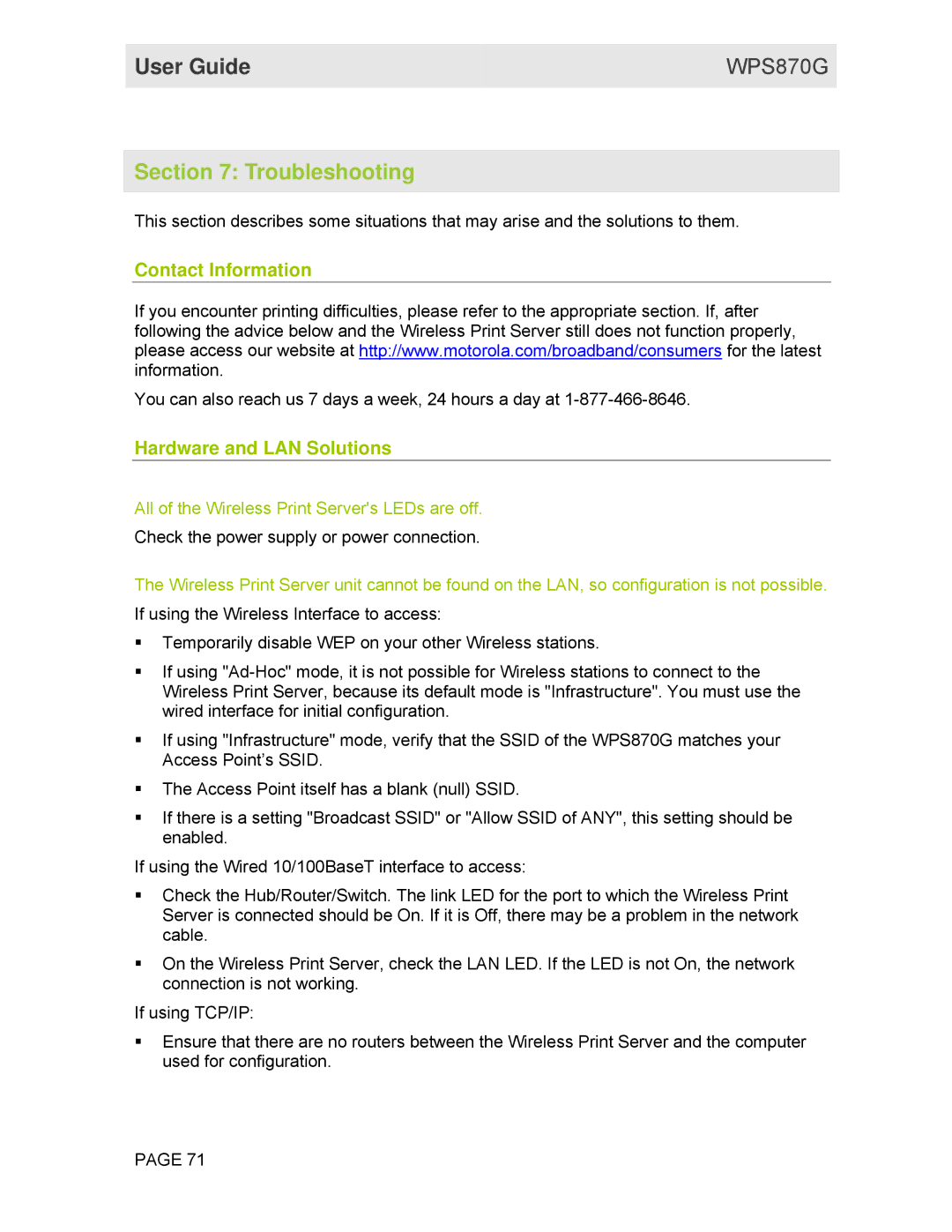 Motorola WPS870G manual Troubleshooting, Contact Information, Hardware and LAN Solutions 