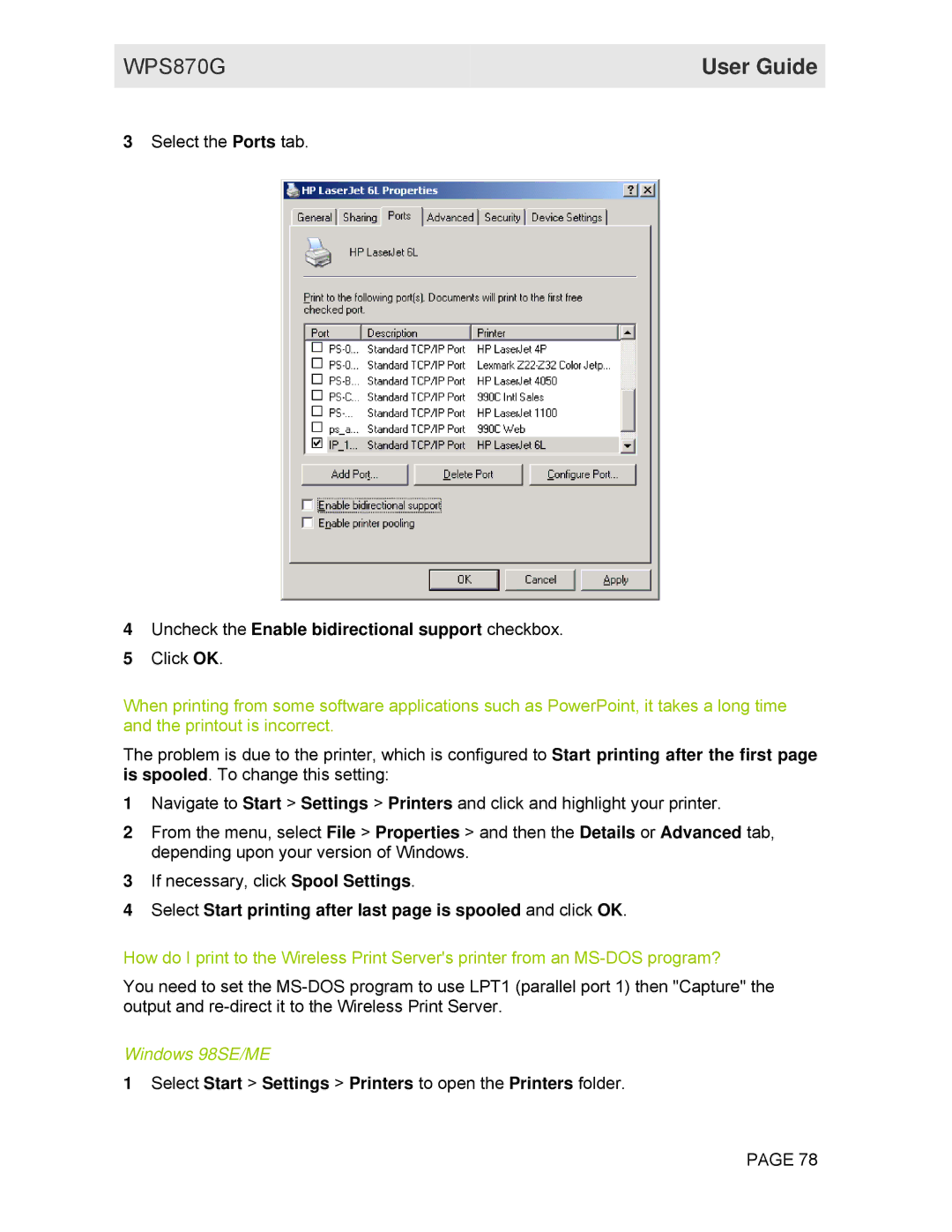 Motorola WPS870G manual Uncheck the Enable bidirectional support checkbox 