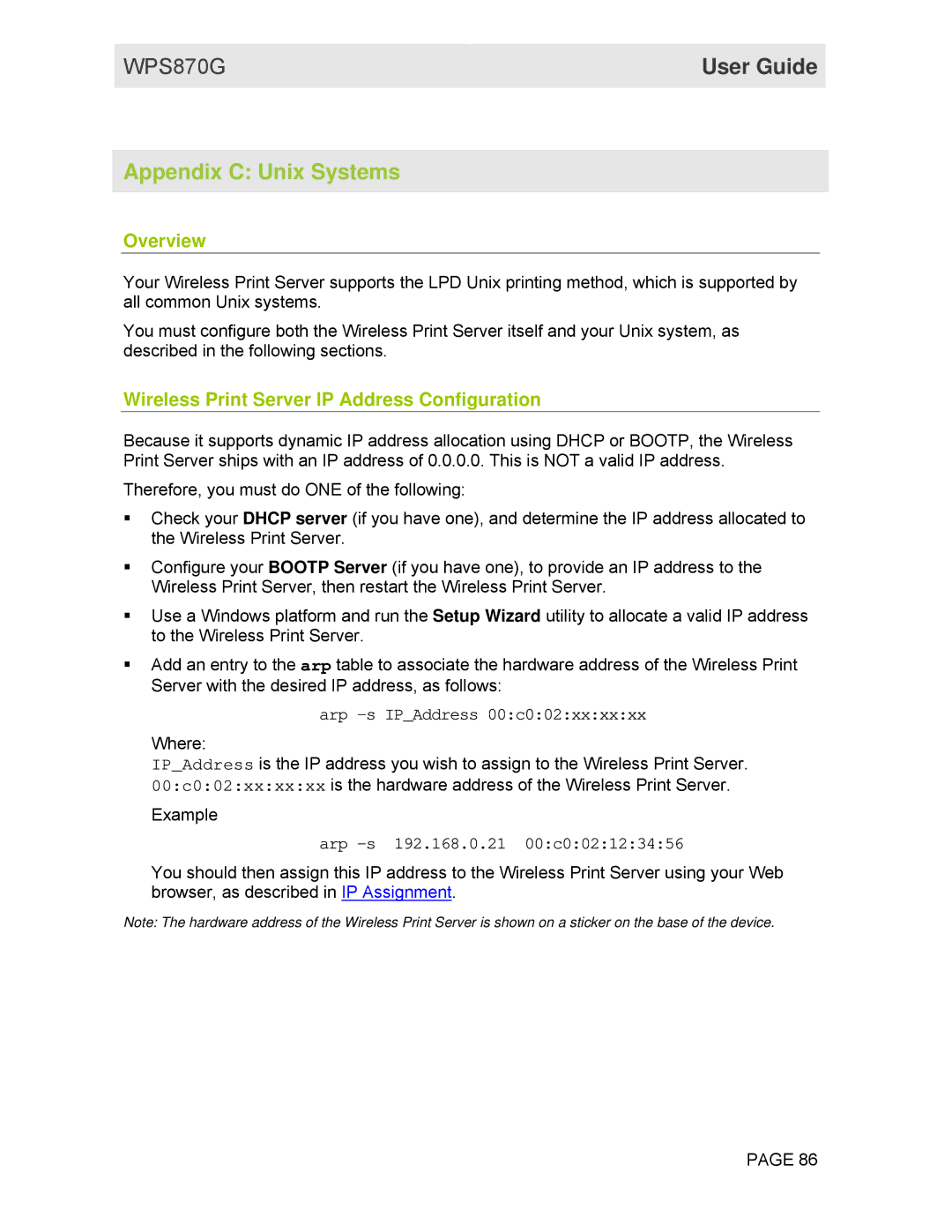Motorola WPS870G manual Appendix C Unix Systems, Wireless Print Server IP Address Configuration 