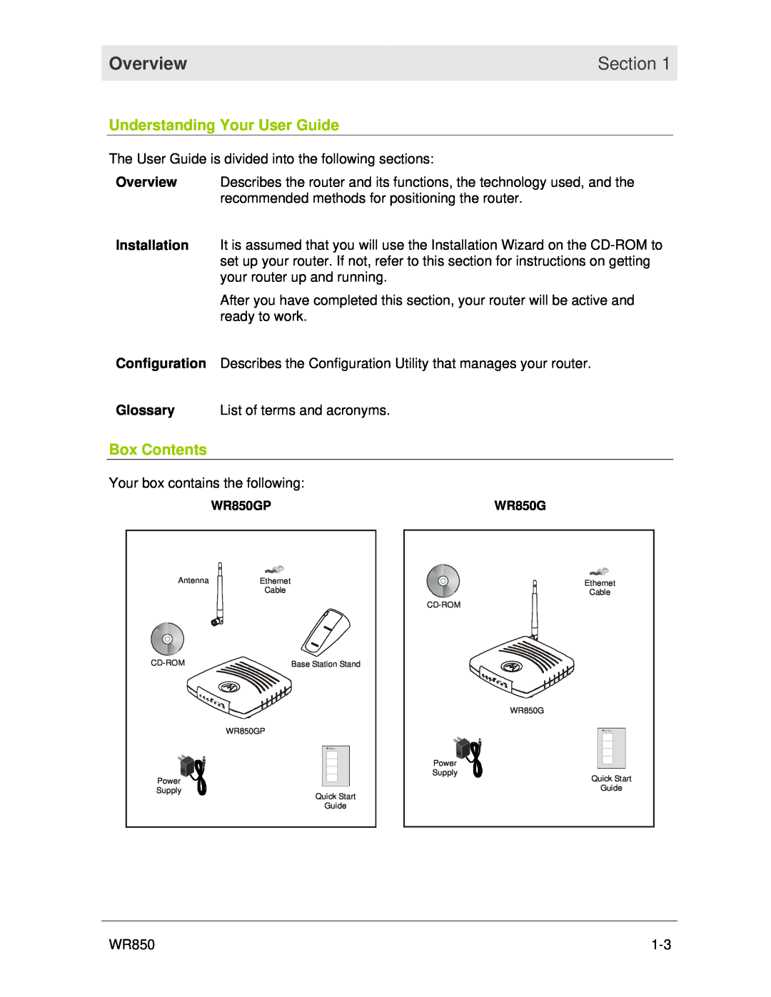 Motorola WR850 manual Understanding Your User Guide, Box Contents, Overview, Section 