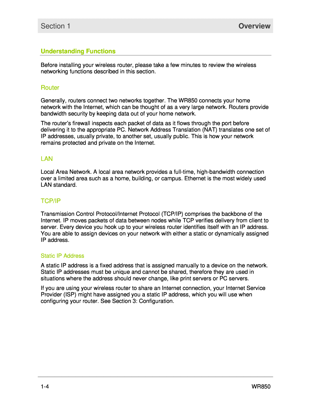 Motorola WR850 manual Understanding Functions, Router, Tcp/Ip, Static IP Address, Section, Overview 