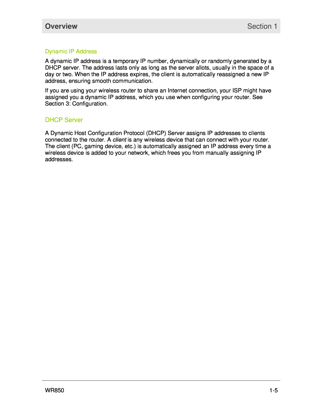 Motorola WR850 manual Section, DHCP Server, Dynamic IP Address, Overview 