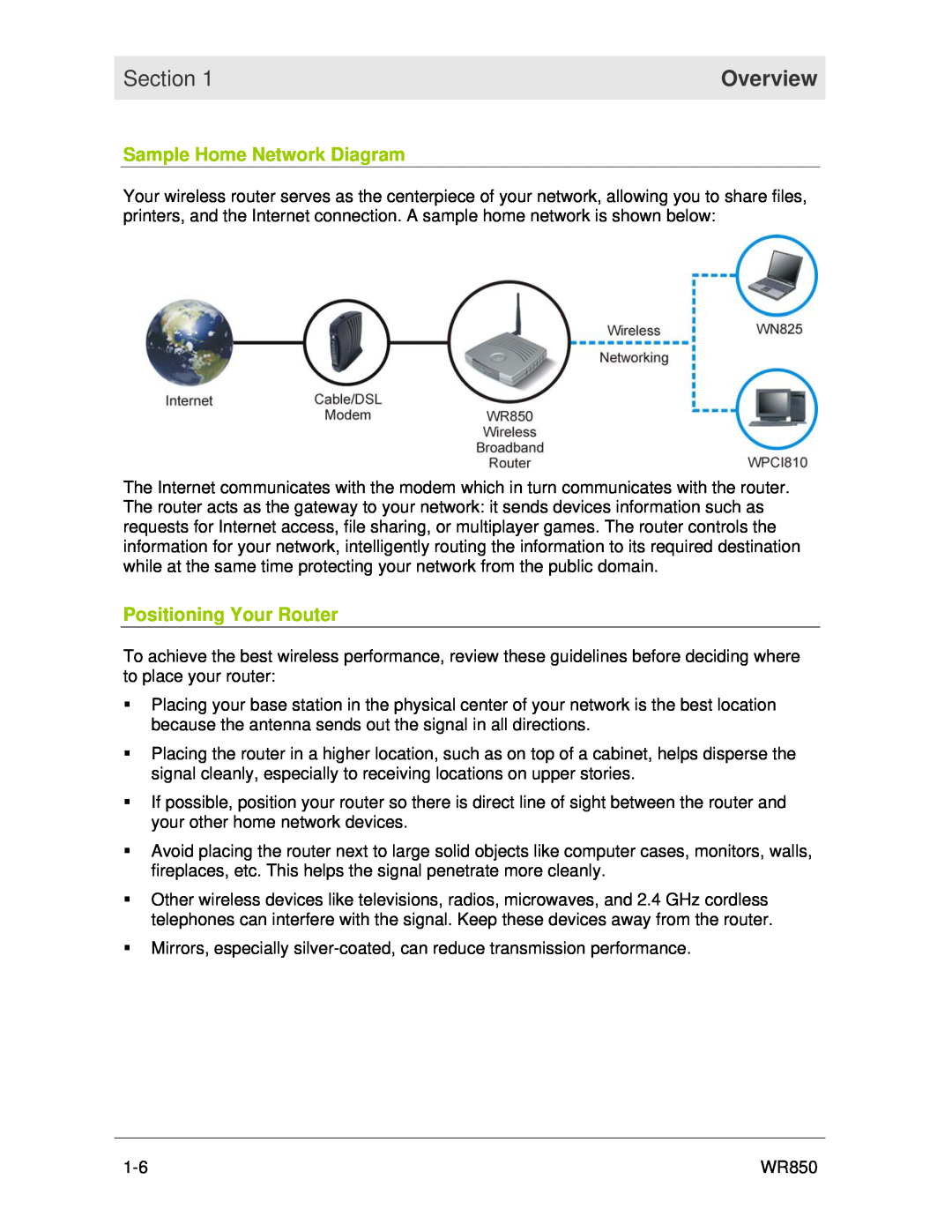 Motorola WR850 manual Sample Home Network Diagram, Positioning Your Router, Section, Overview 