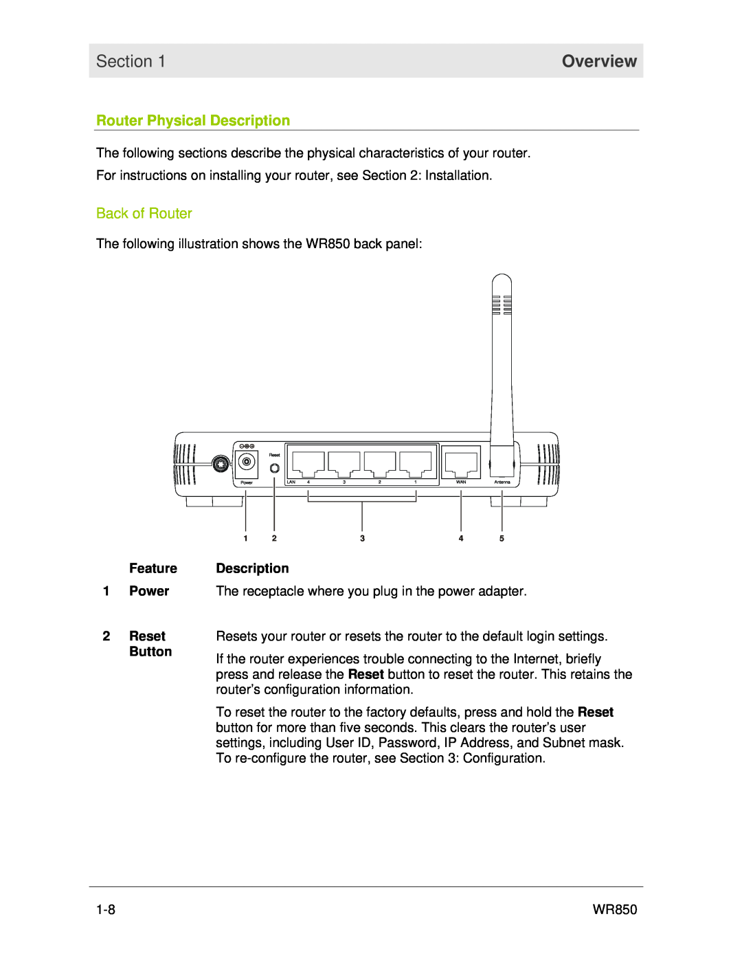 Motorola WR850 manual Router Physical Description, Back of Router, Section, Overview 