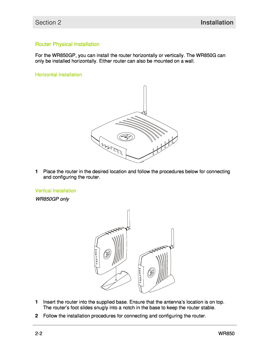 Motorola manual Router Physical Installation, Horizontal Installation, Vertical Installation, WR850GP only, Section 