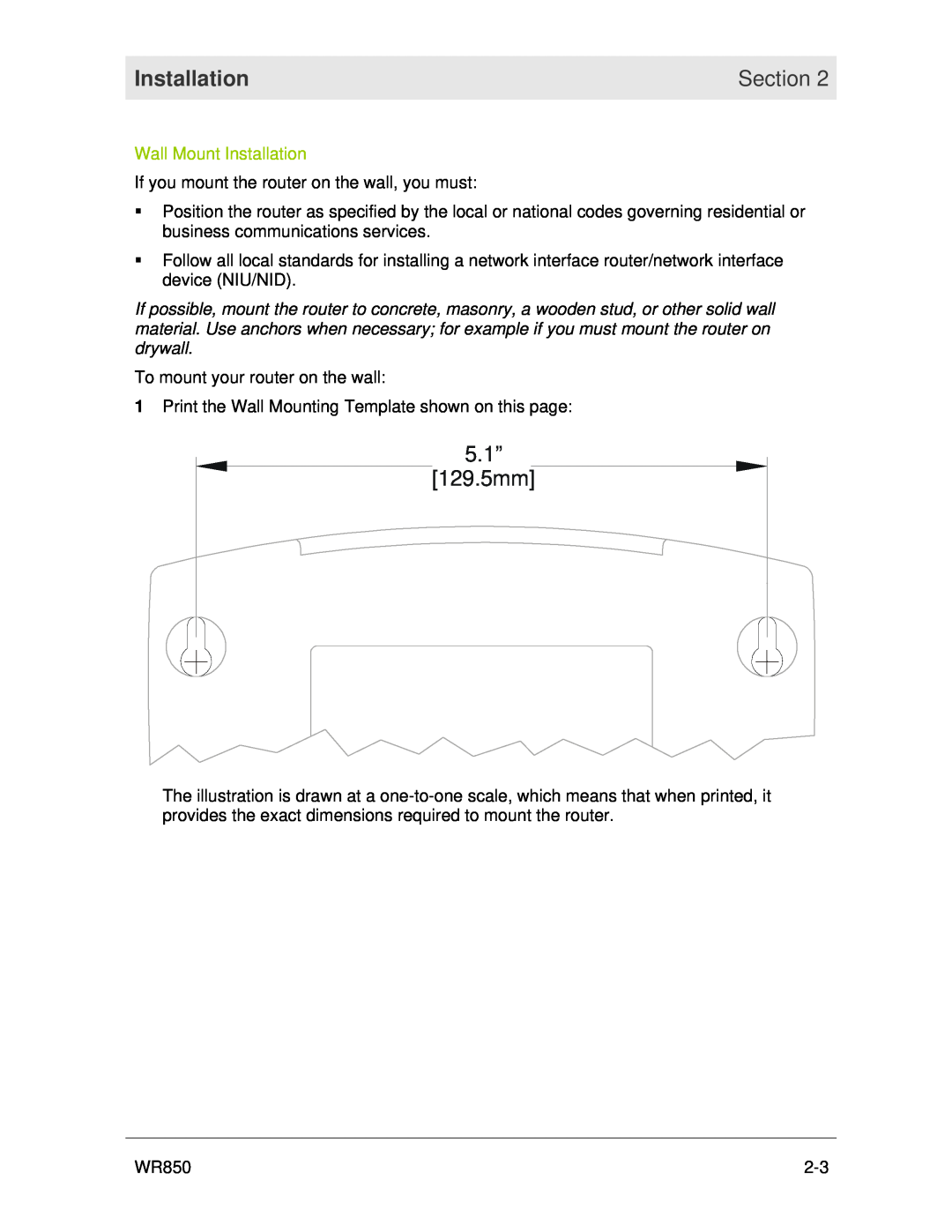 Motorola WR850 manual Wall Mount Installation, Section, 5.1” 129.5mm 