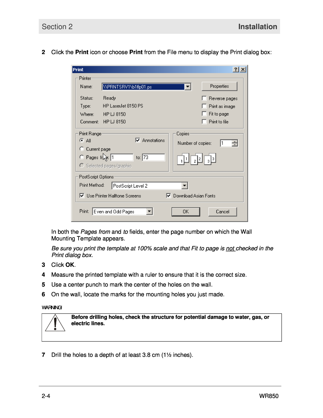 Motorola WR850 manual Section, Installation, Click OK 