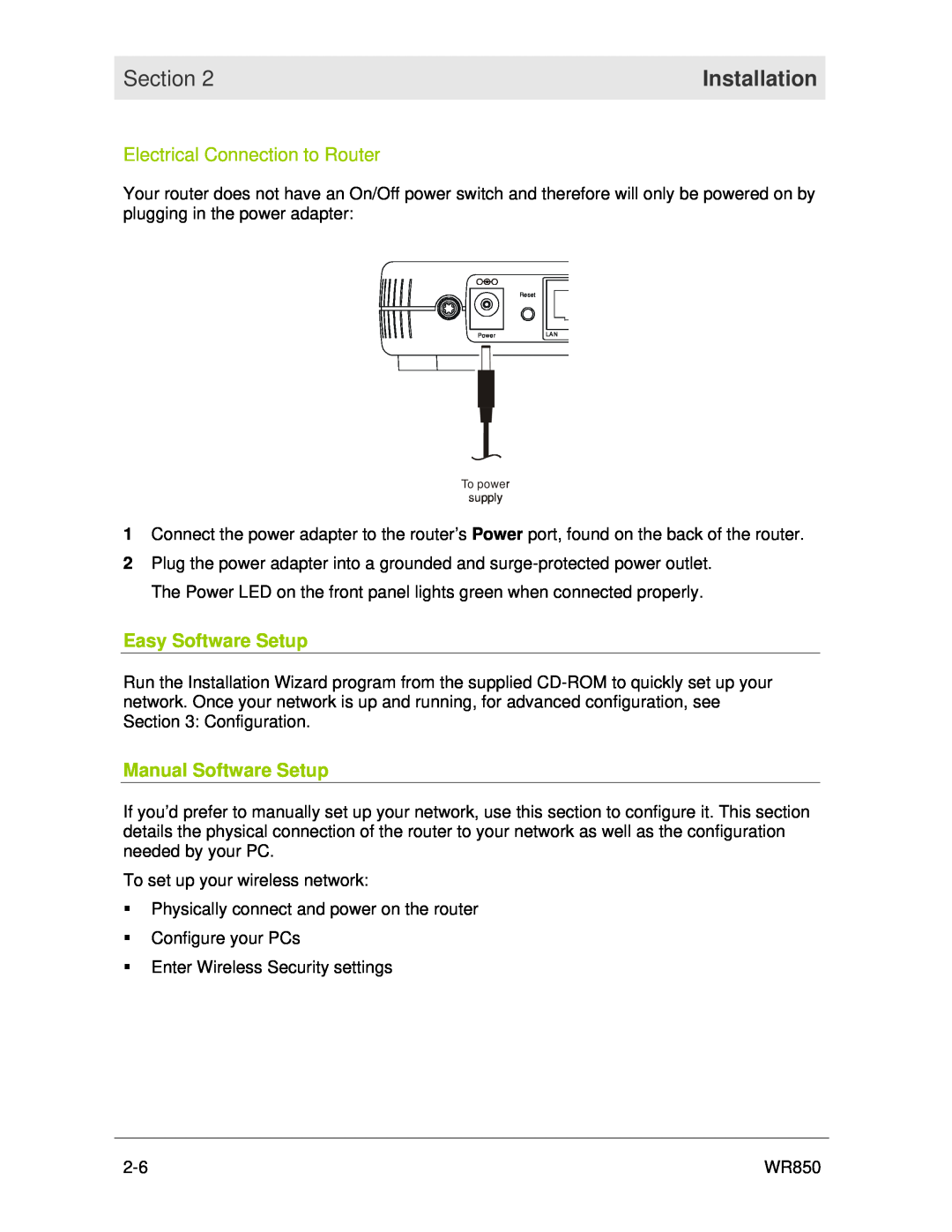 Motorola WR850 manual Electrical Connection to Router, Easy Software Setup, Manual Software Setup, Section, Installation 