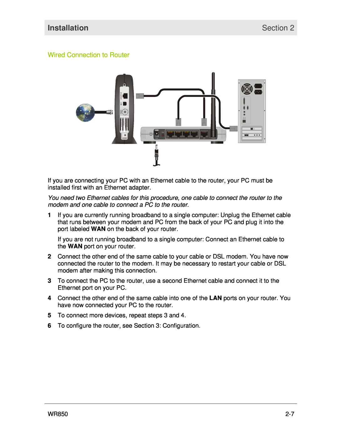 Motorola WR850 manual Wired Connection to Router, Installation, Section, Ethernet, Cable 