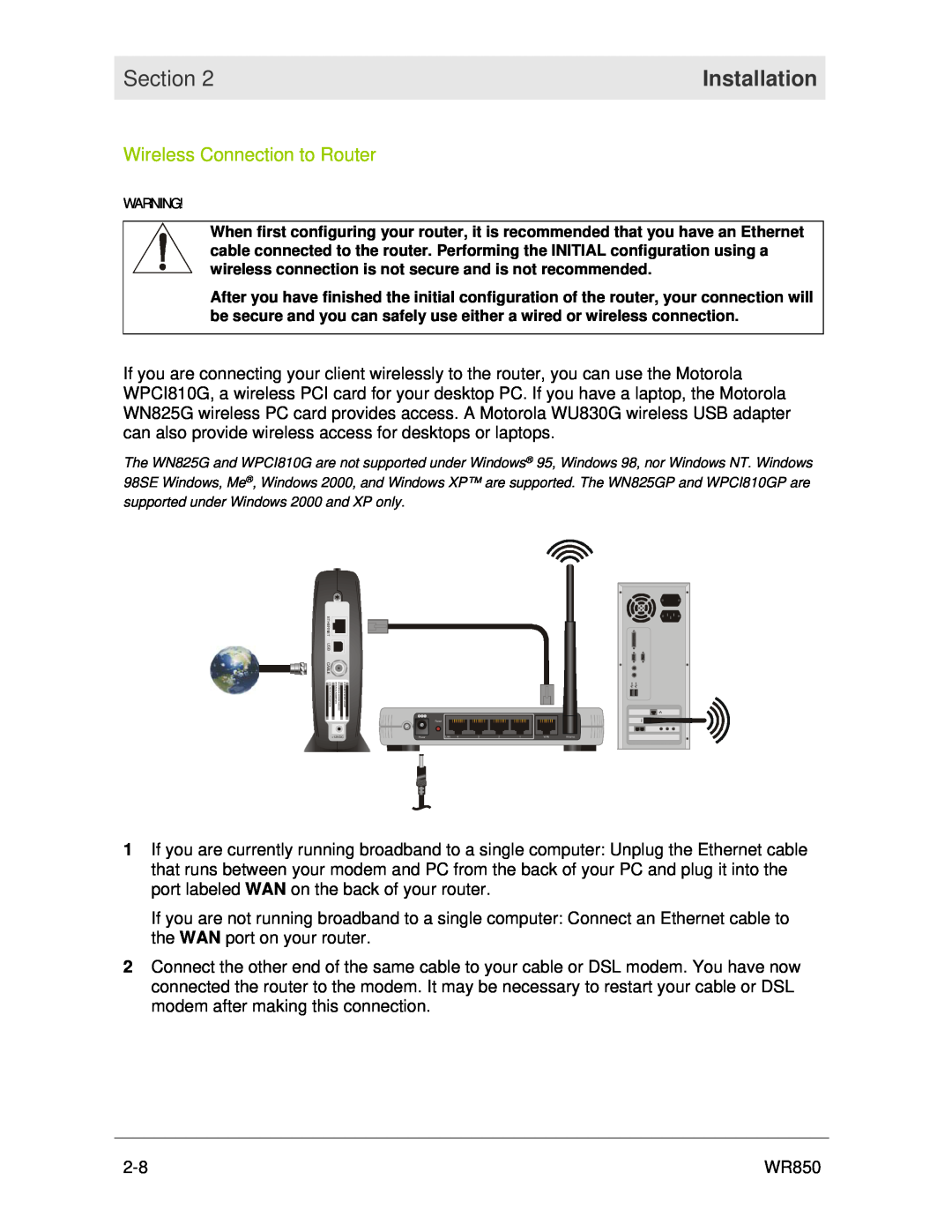 Motorola WR850 manual Wireless Connection to Router, Section, Installation 