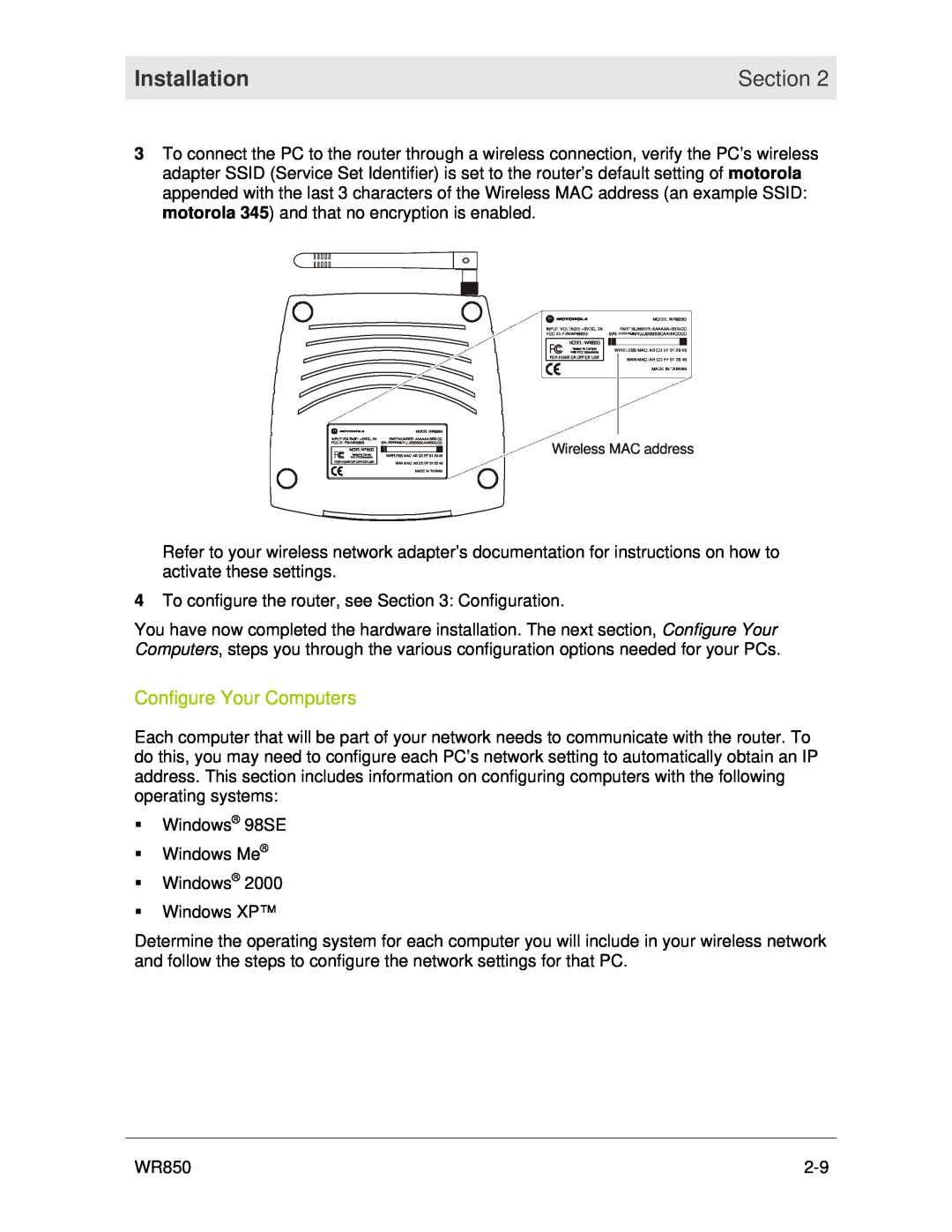 Motorola Configure Your Computers, Installation, Section, Wireless MAC address, MODEL WR850G, WAN MAC AB CD EF 01 23 