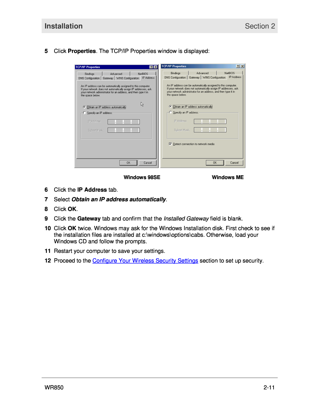 Motorola WR850 manual Select Obtain an IP address automatically, Installation, Section, Windows 98SE, Windows ME 