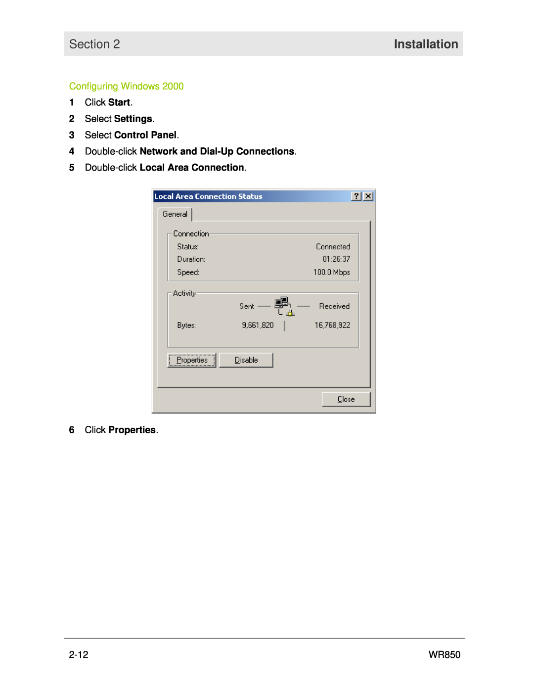 Motorola WR850 manual Configuring Windows, Section, Installation, Click Start 2 Select Settings, 2-12 