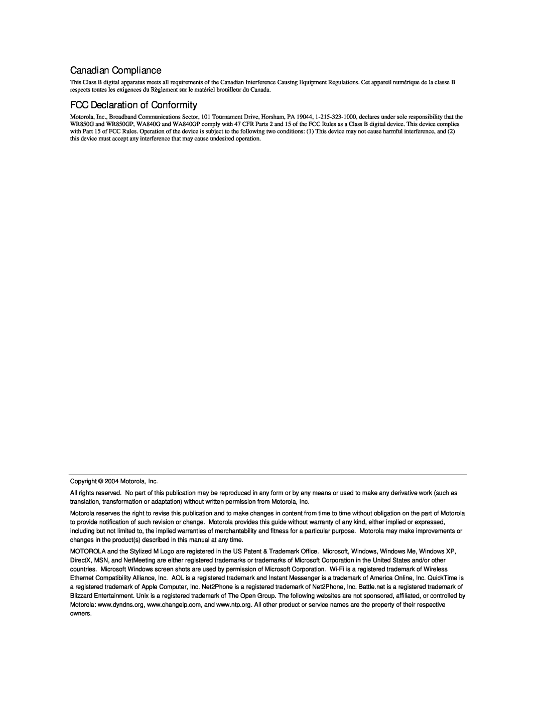 Motorola WR850 manual Canadian Compliance, FCC Declaration of Conformity 