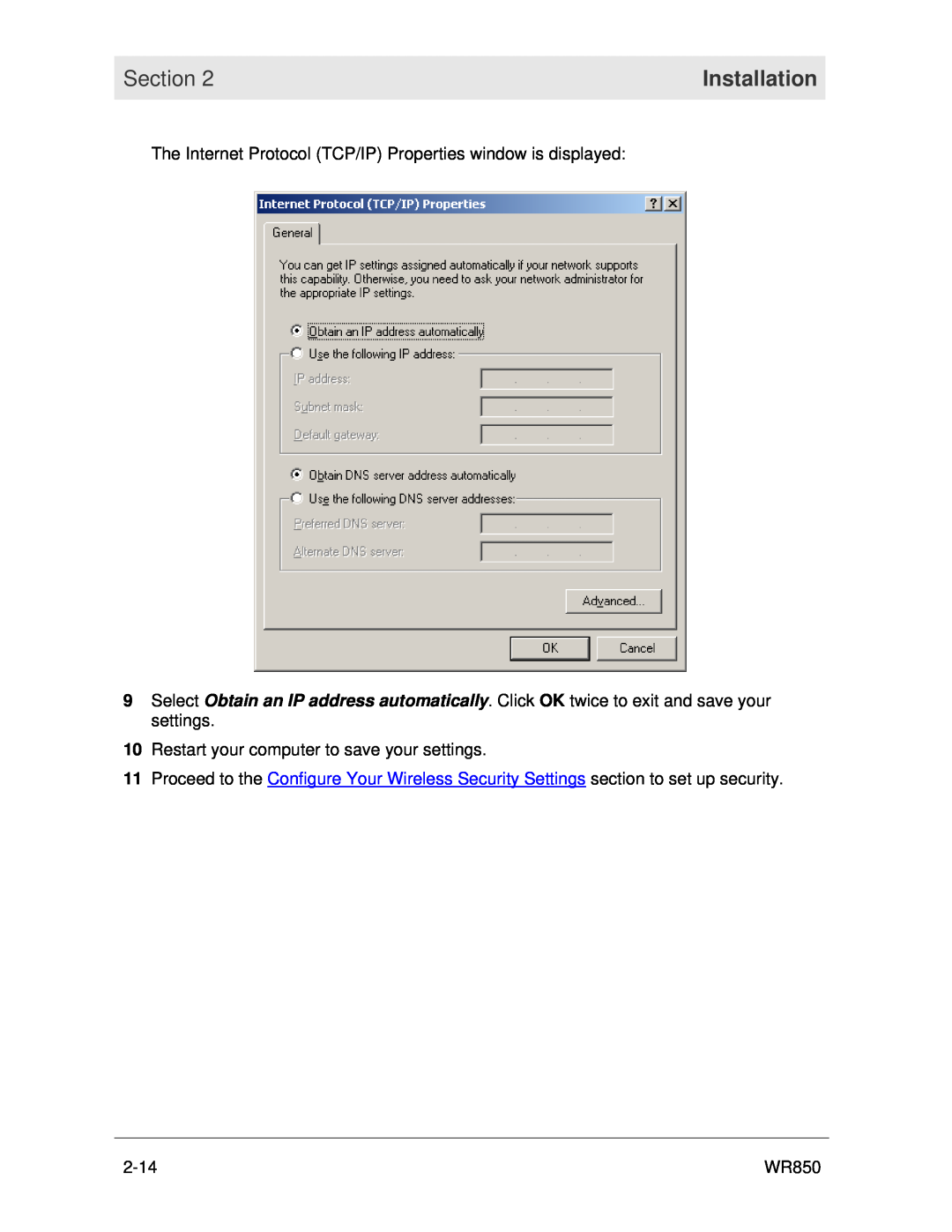 Motorola WR850 manual Section, Installation, The Internet Protocol TCP/IP Properties window is displayed, 2-14 