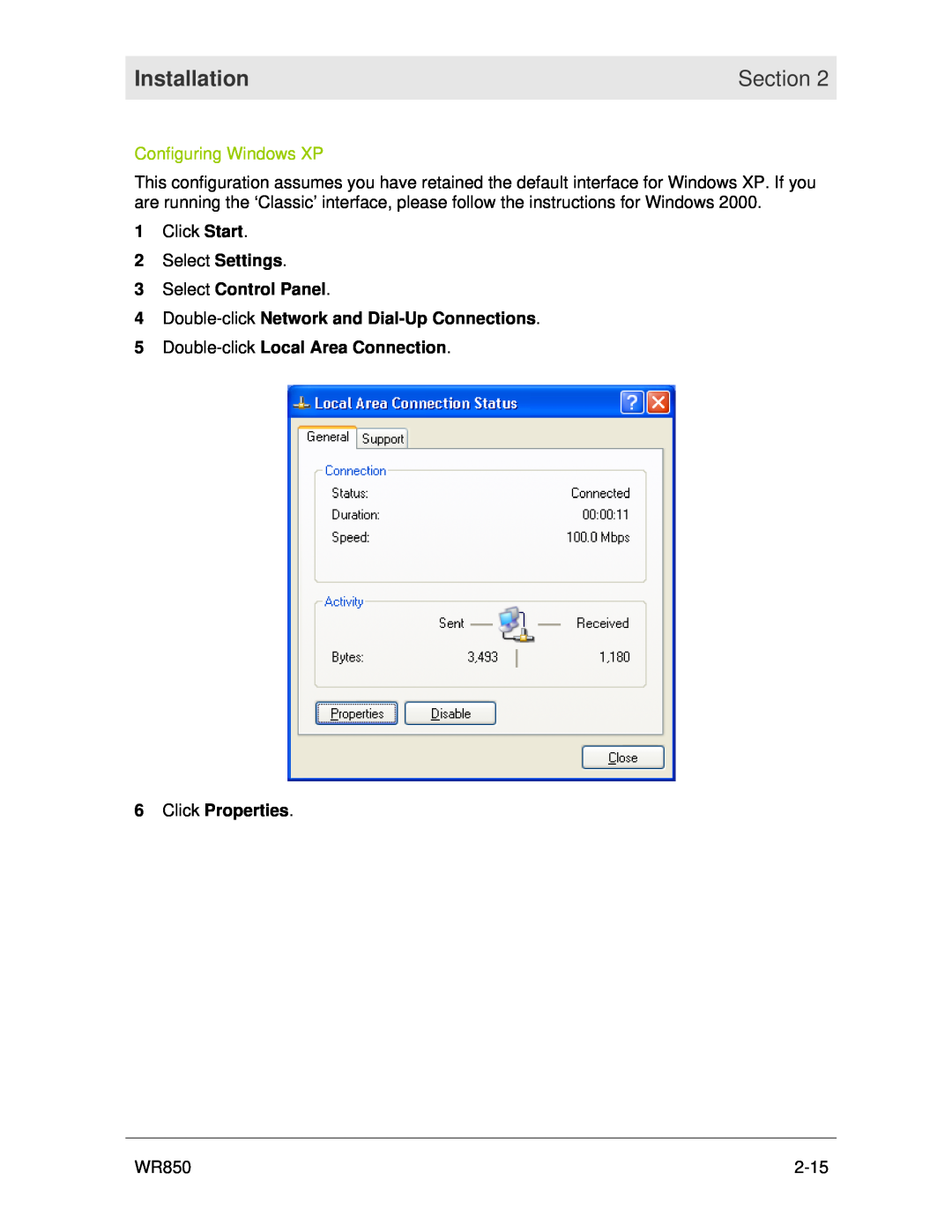 Motorola WR850 manual Configuring Windows XP, Installation, Section 