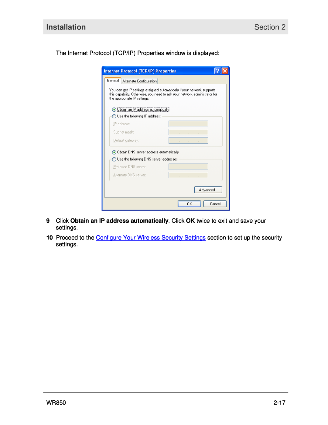 Motorola WR850 manual Installation, Section, The Internet Protocol TCP/IP Properties window is displayed, 2-17 