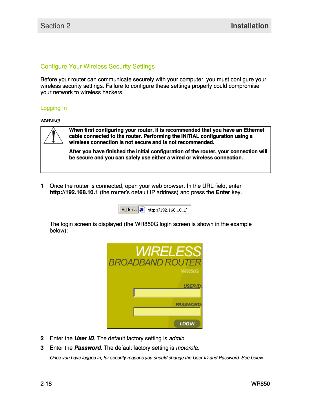 Motorola WR850 manual Configure Your Wireless Security Settings, Logging In, Section, Installation 