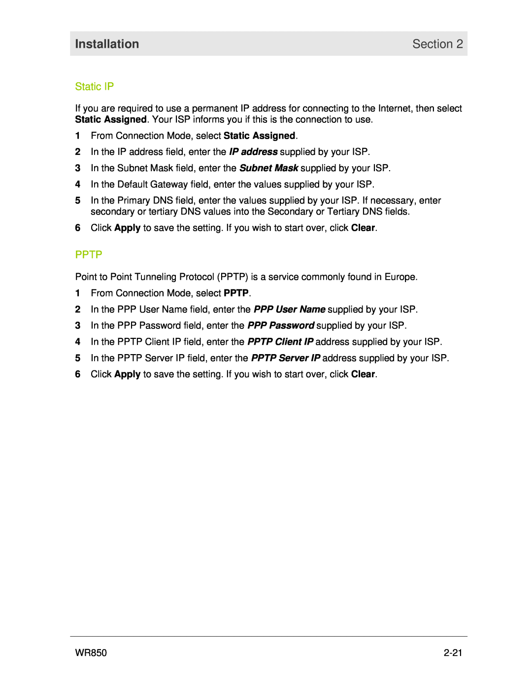 Motorola WR850 manual Static IP, Pptp, Installation, Section 