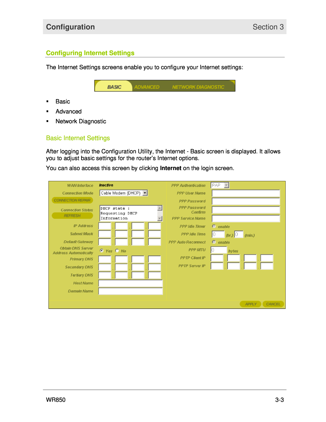 Motorola WR850 manual Configuring Internet Settings, Basic Internet Settings, Configuration, Section 