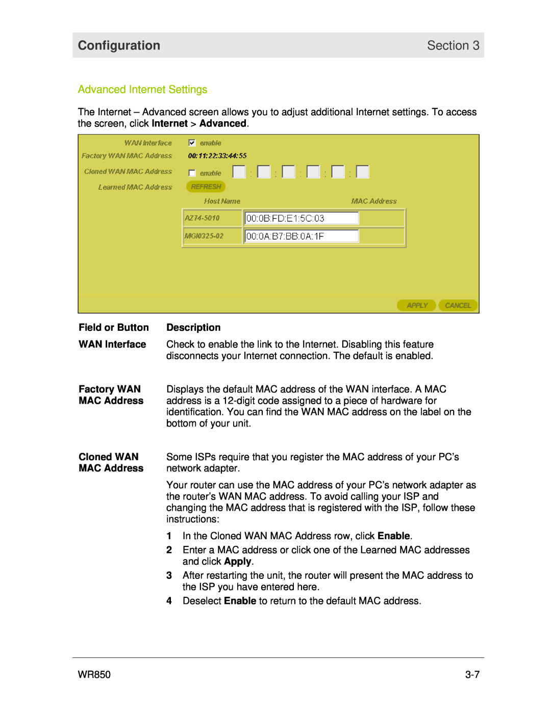 Motorola WR850 manual Advanced Internet Settings, Configuration, Section 