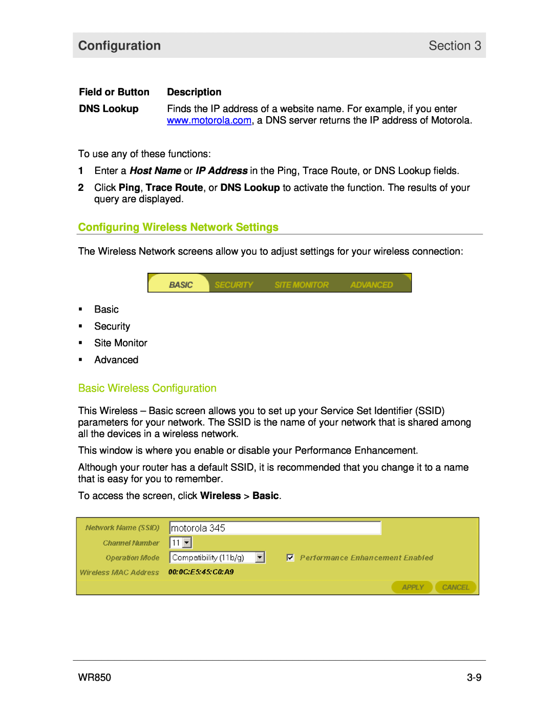 Motorola WR850 manual Configuring Wireless Network Settings, Basic Wireless Configuration, Section 