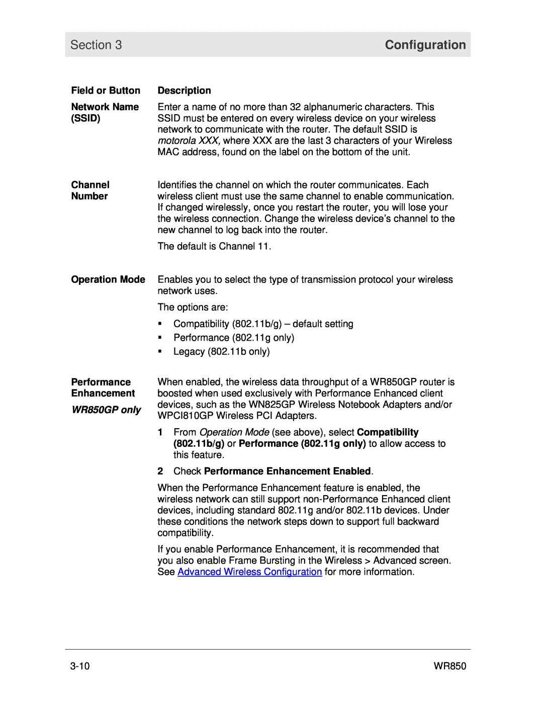 Motorola manual WR850GP only, Section, Configuration 