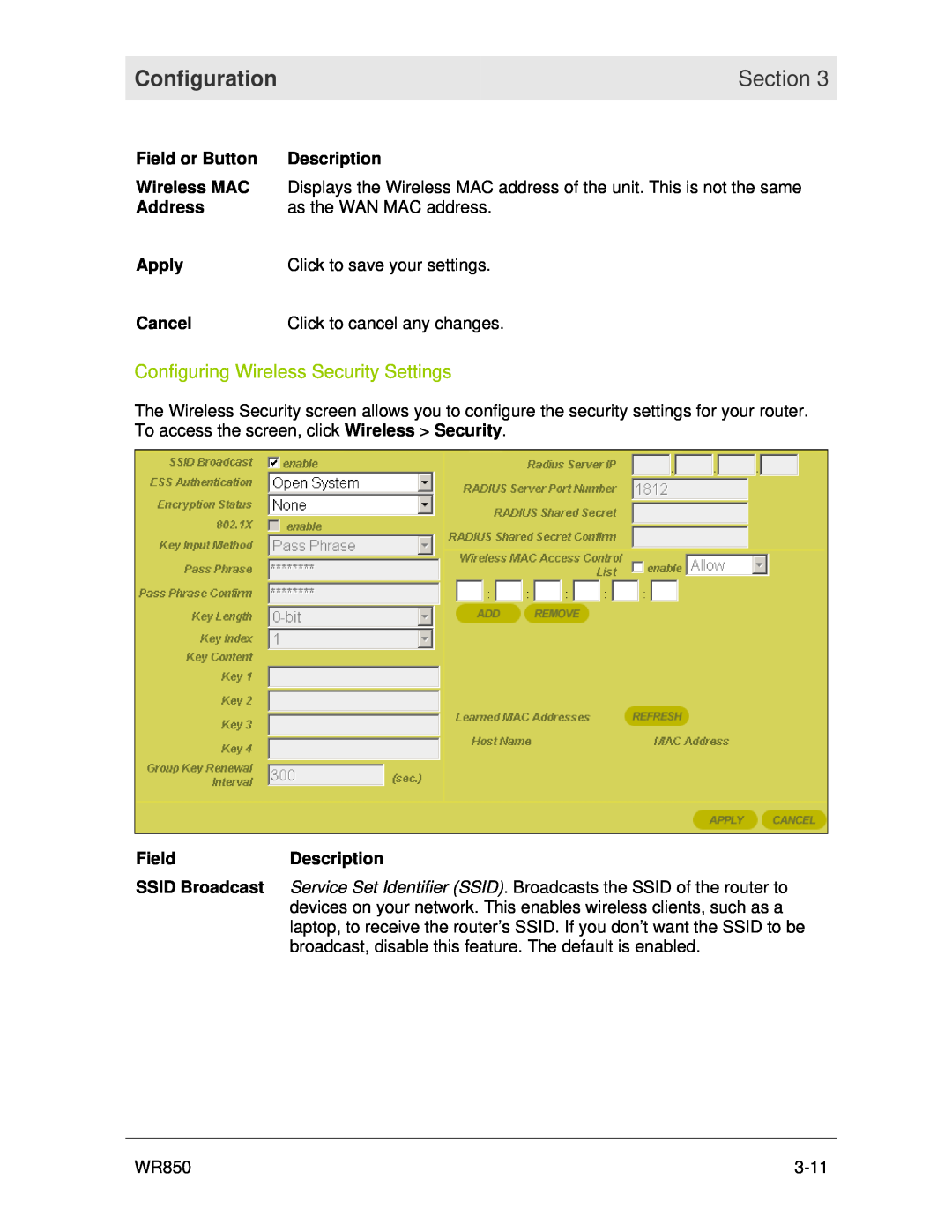 Motorola WR850 manual Configuring Wireless Security Settings, Configuration, Section 