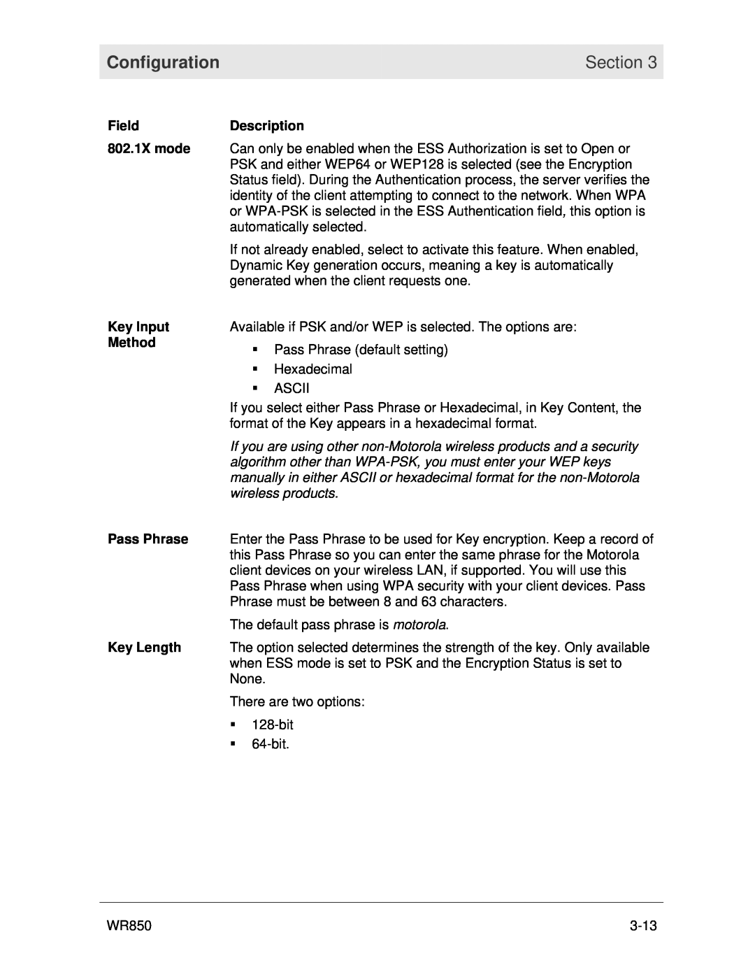 Motorola WR850 manual If you are using other non-Motorola wireless products and a security, Configuration, Section 