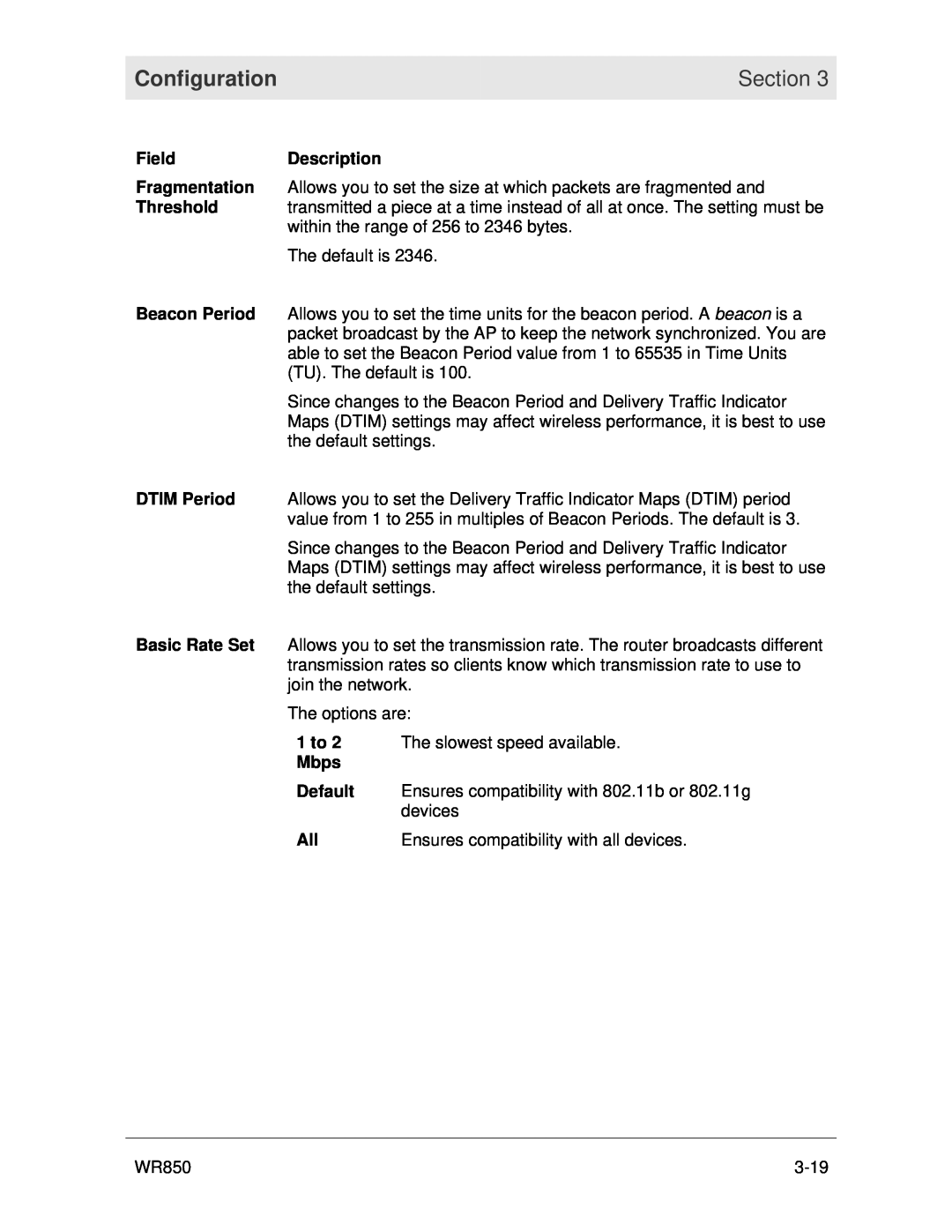 Motorola WR850 manual Configuration, Section, FieldDescription, 1 to, Mbps, Default 