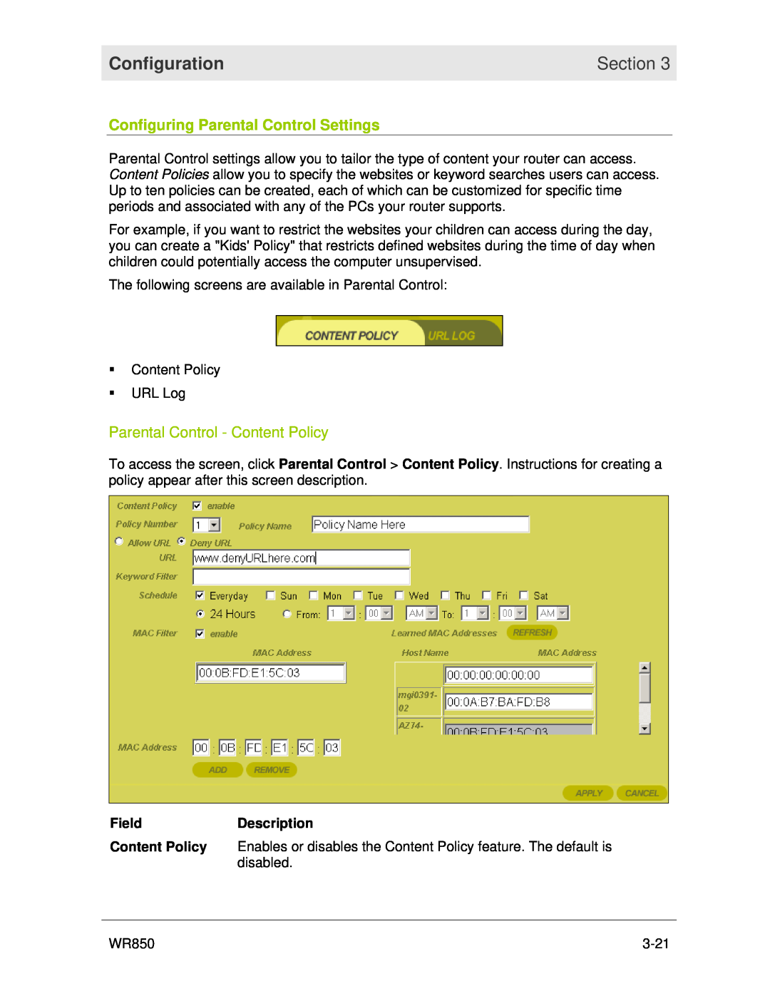 Motorola WR850 manual Configuring Parental Control Settings, Parental Control - Content Policy, Configuration, Section 