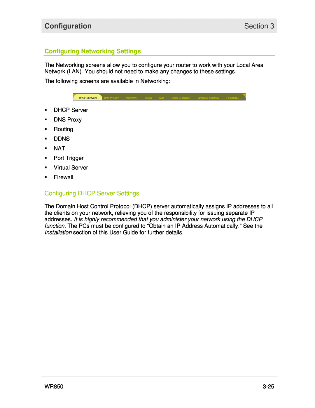 Motorola WR850 manual Configuring Networking Settings, Configuring DHCP Server Settings, Configuration, Section 