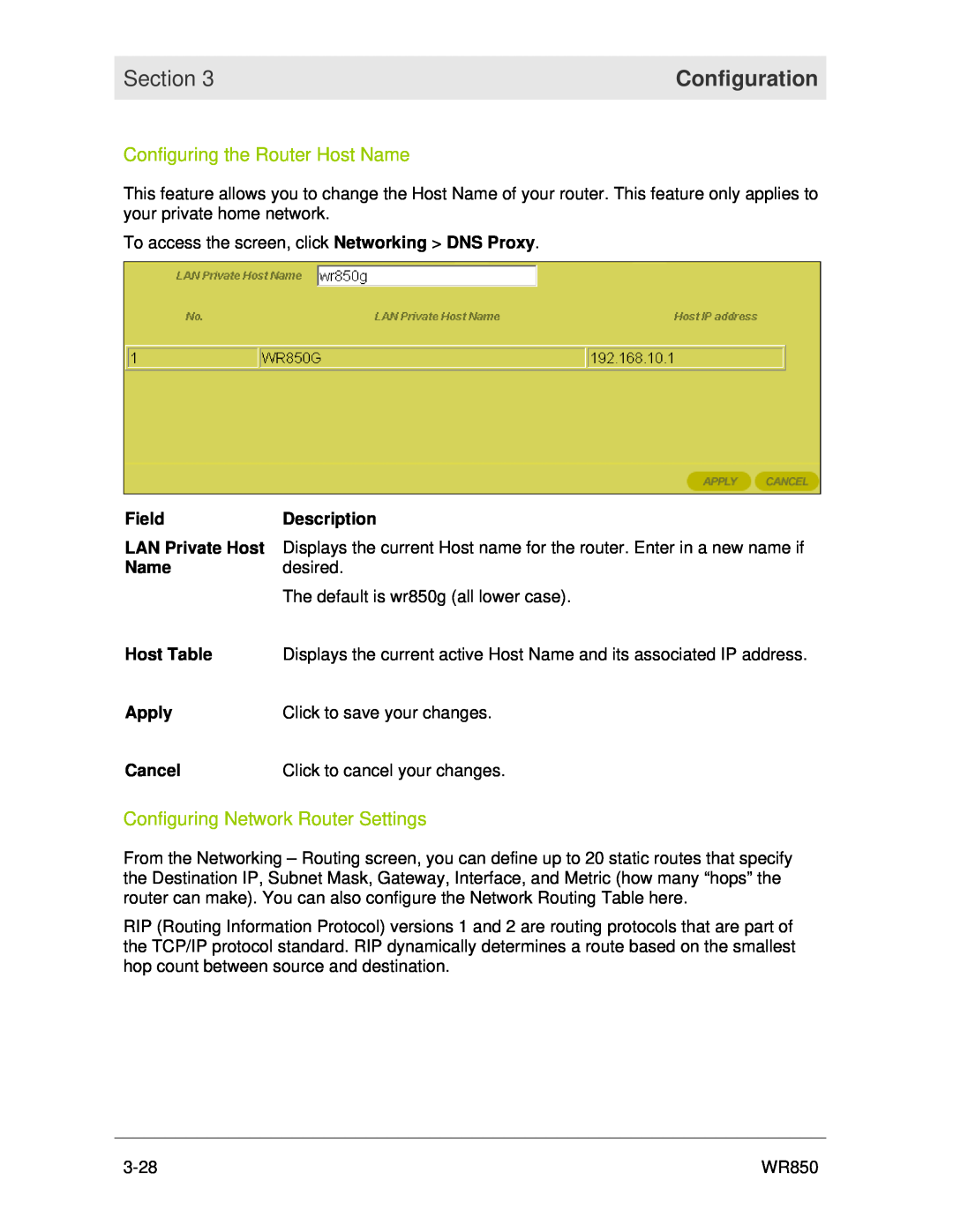 Motorola WR850 manual Configuring the Router Host Name, Configuring Network Router Settings, Section, Configuration 