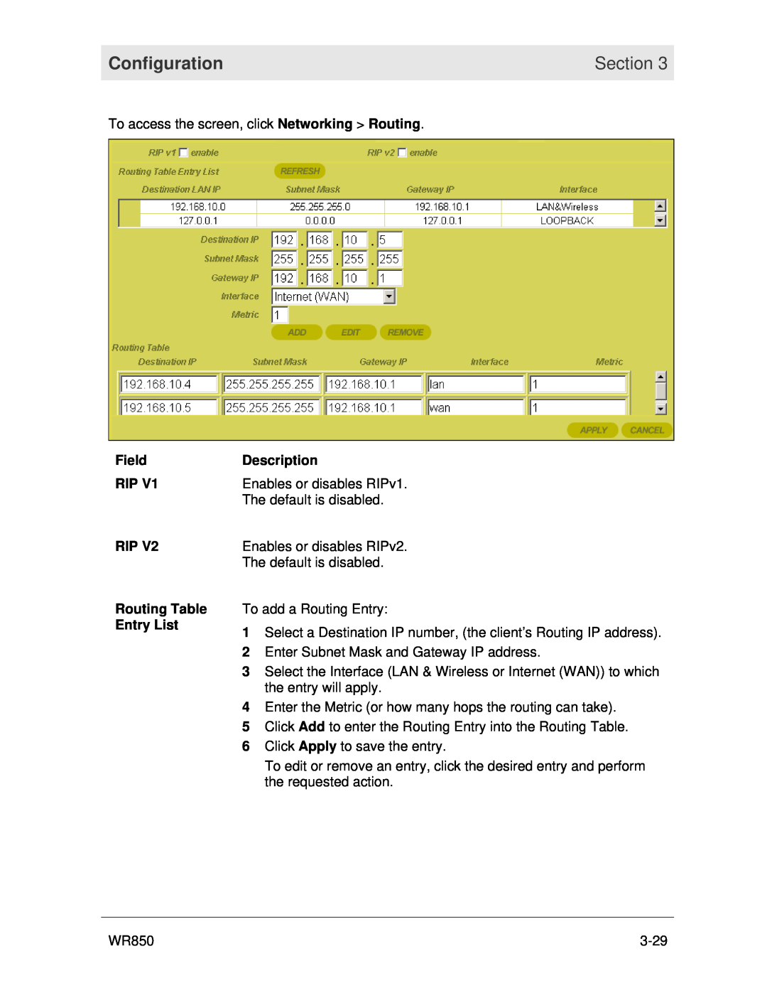 Motorola WR850 manual Configuration, Section, Field RIP RIP Routing Table Entry List, Description 