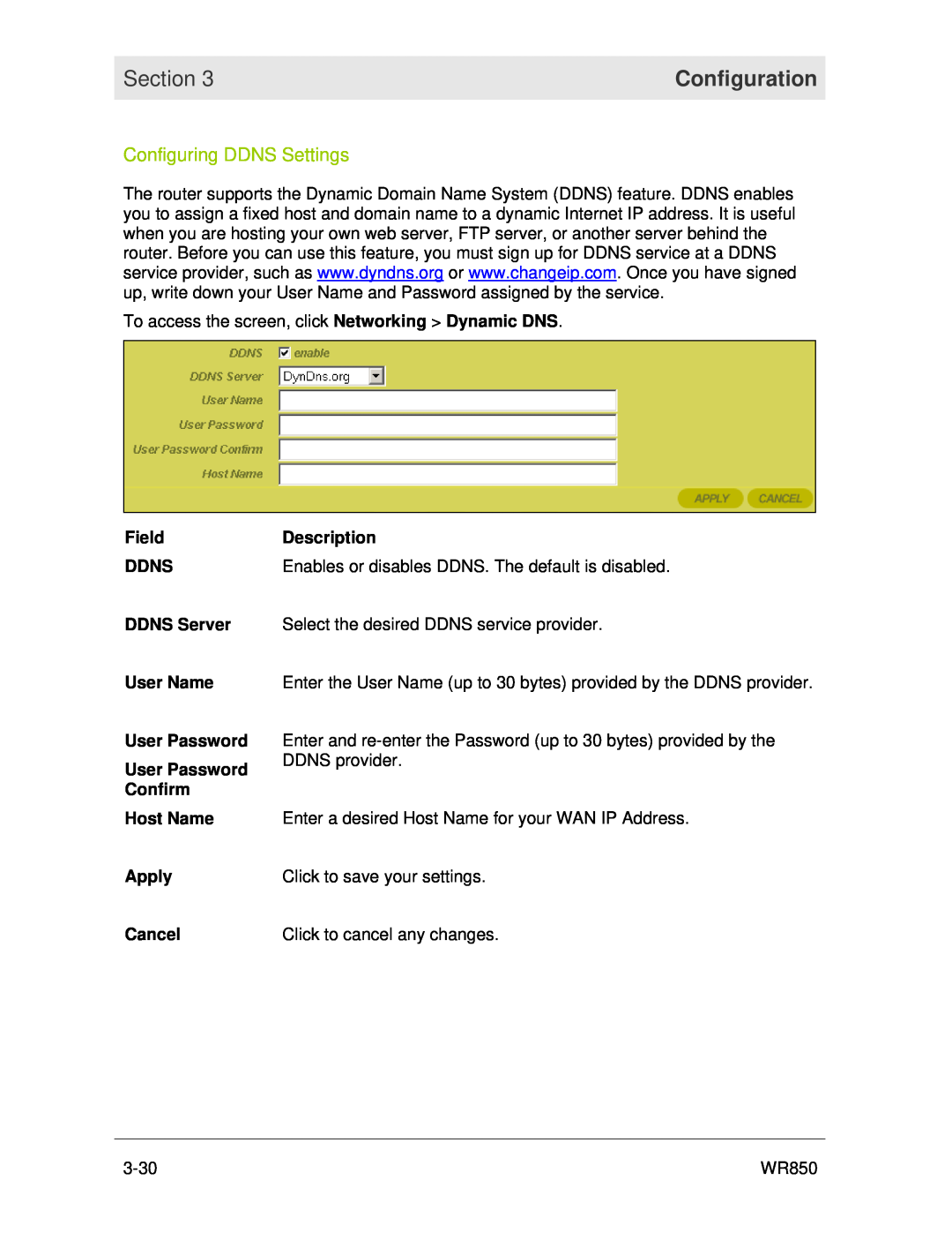 Motorola WR850 manual Configuring DDNS Settings, Section, Configuration 