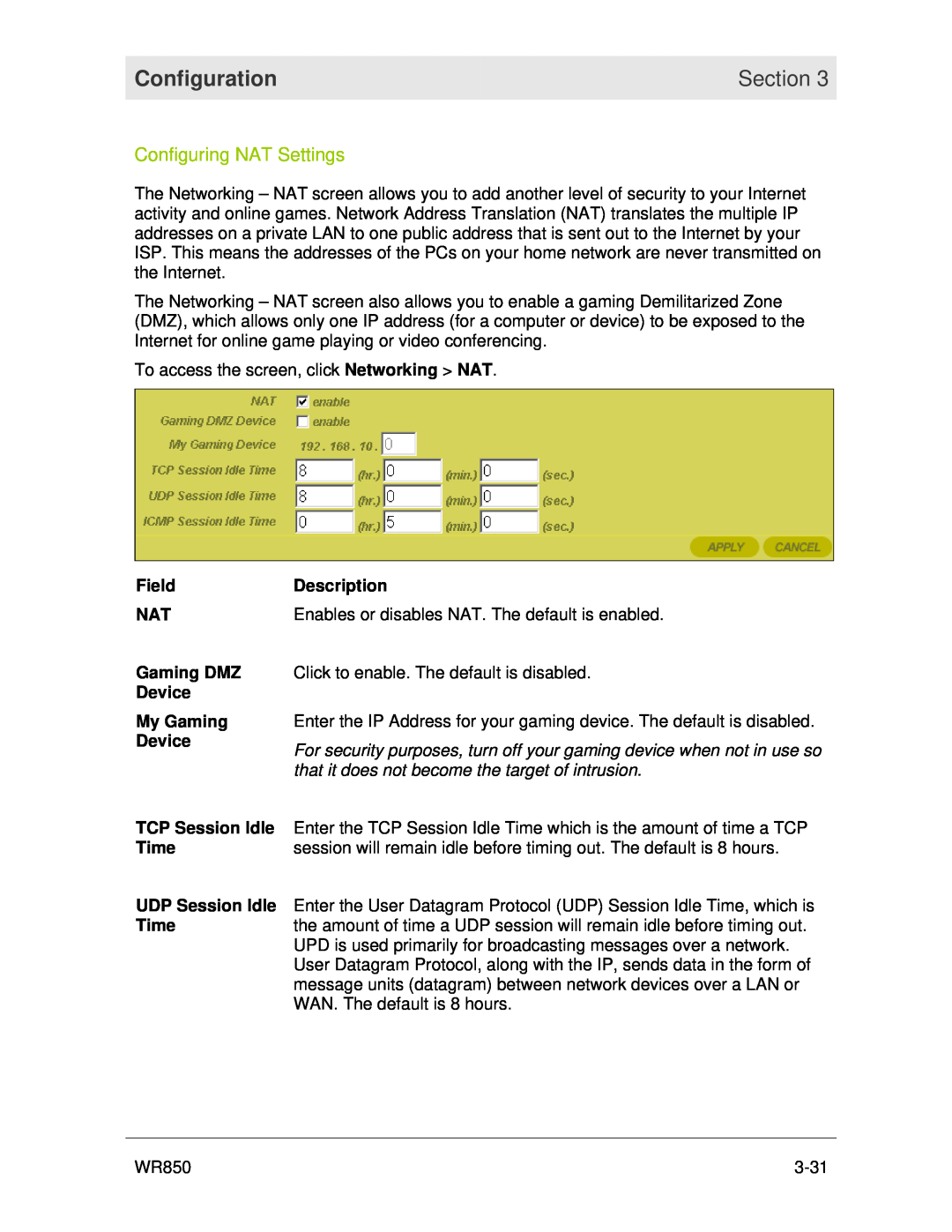 Motorola WR850 manual Configuring NAT Settings, Configuration, Section 