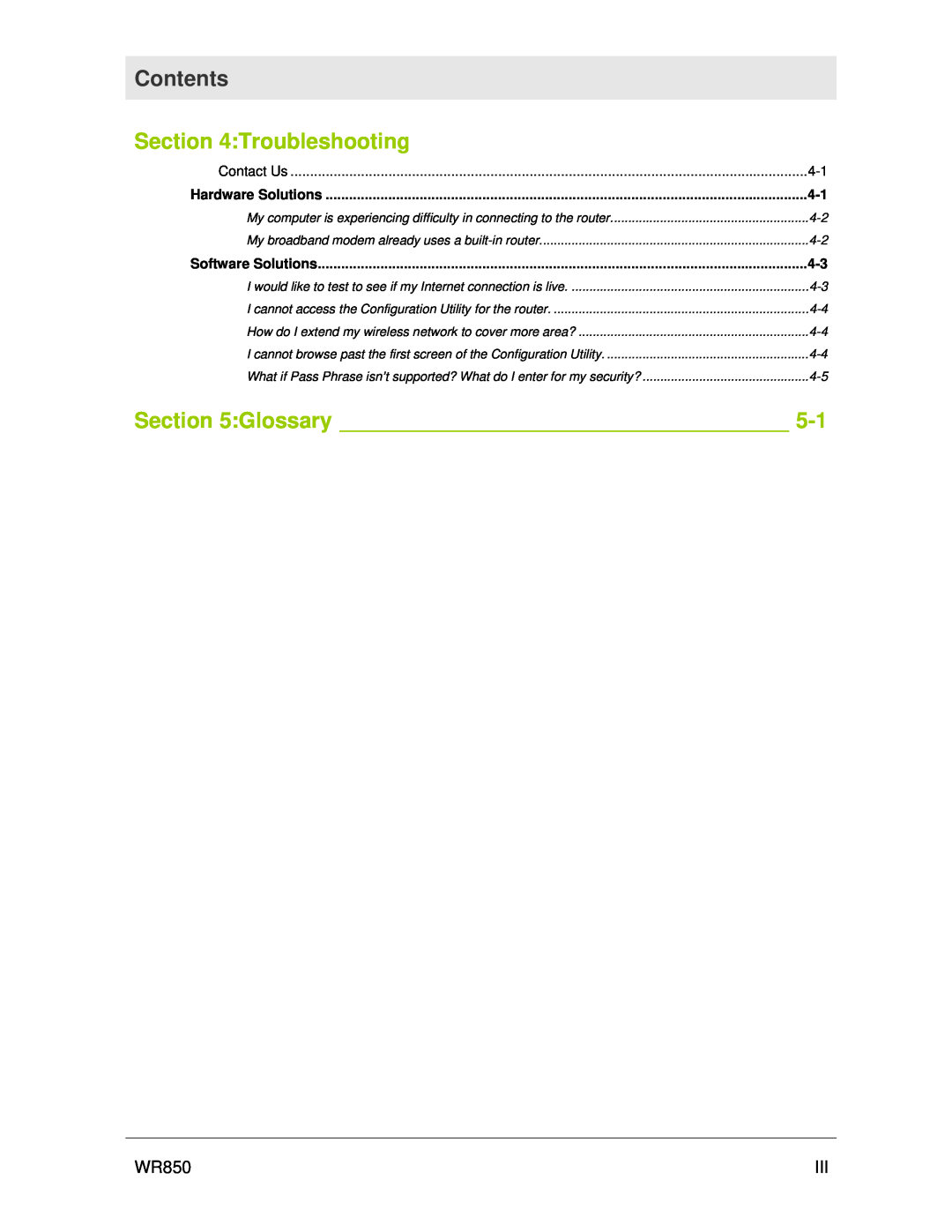 Motorola WR850 manual Troubleshooting, Glossary, Contents, Contact Us, Hardware Solutions, Software Solutions 