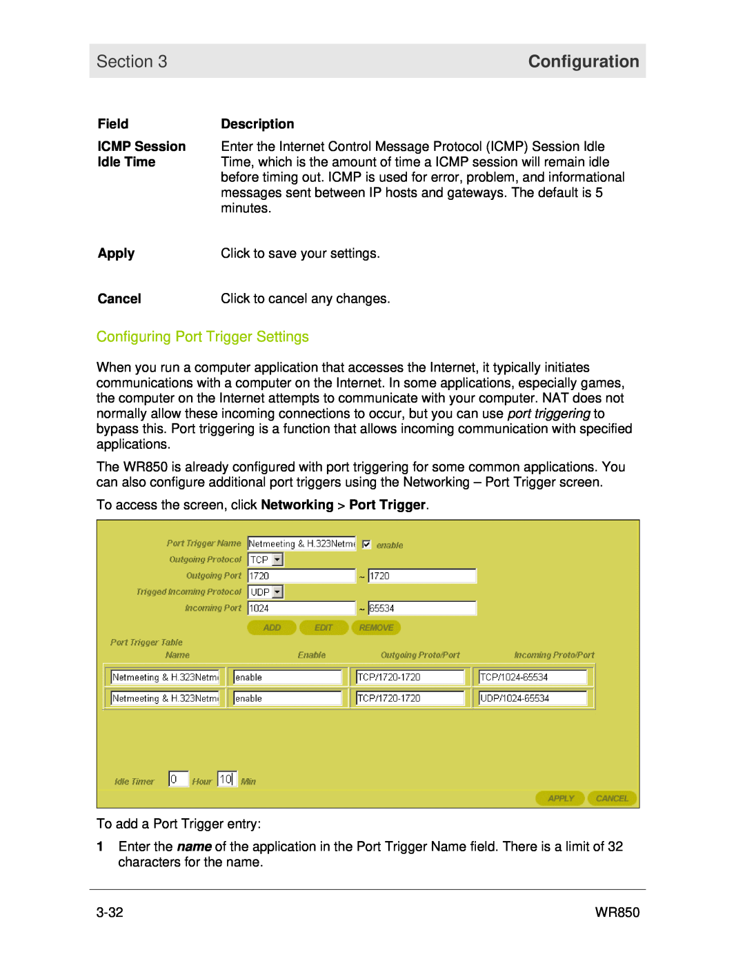 Motorola WR850 manual Configuring Port Trigger Settings, Section, Configuration 