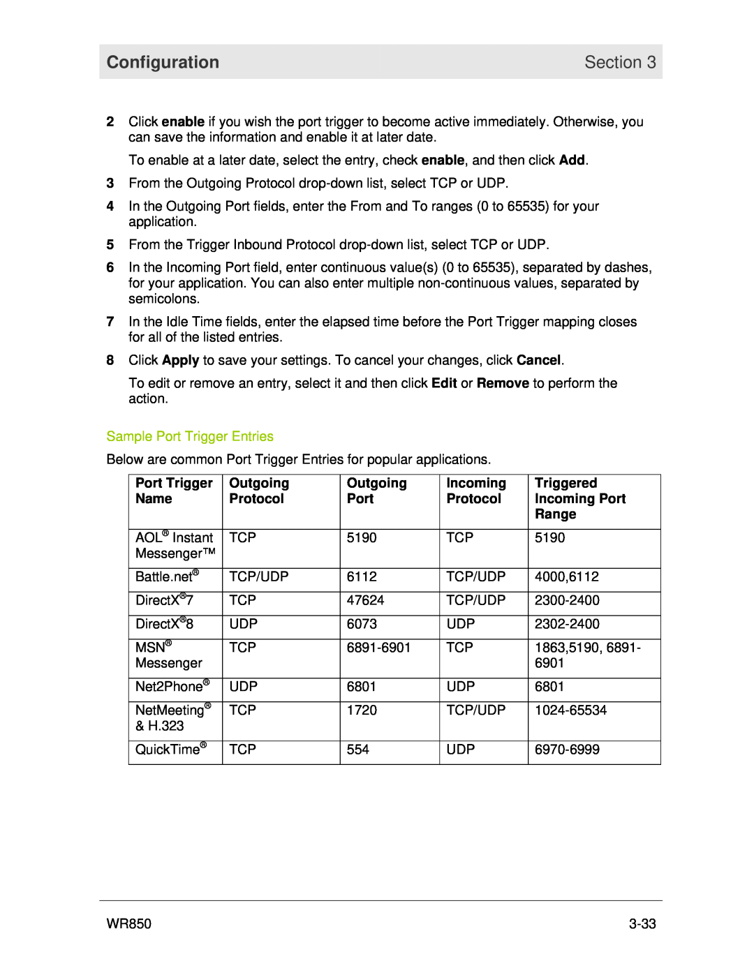 Motorola WR850 manual Sample Port Trigger Entries, Configuration, Section 