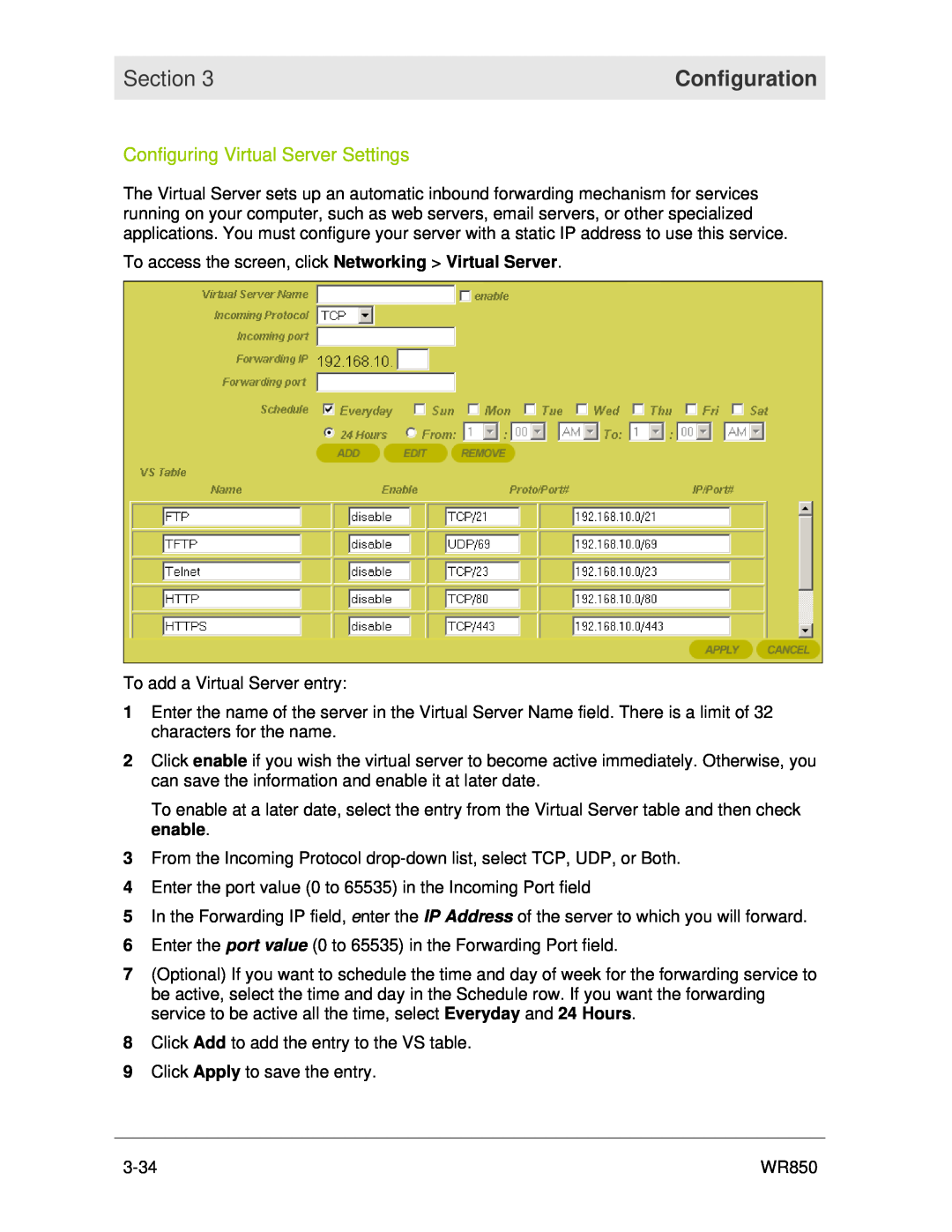 Motorola WR850 manual Configuring Virtual Server Settings, Section, Configuration 