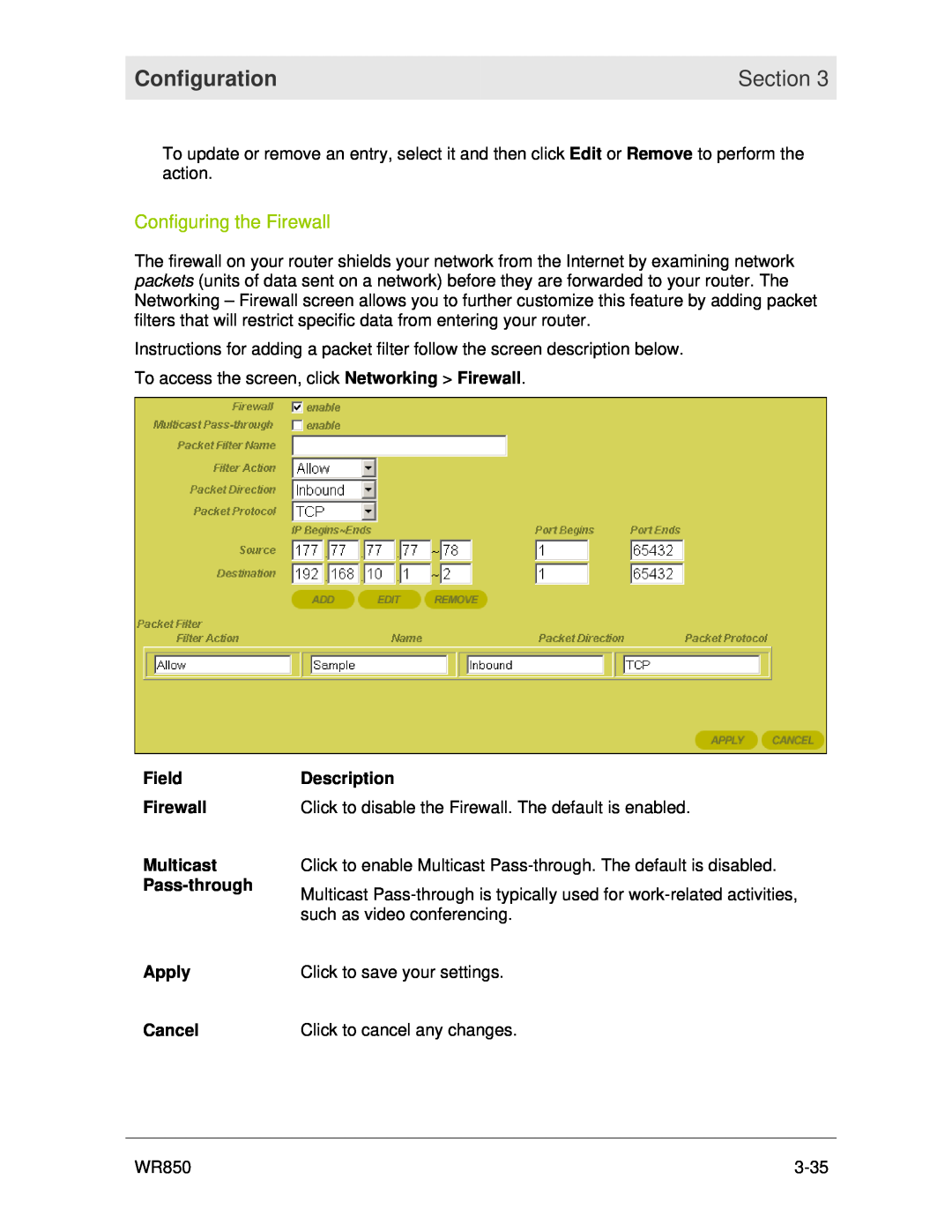 Motorola WR850 manual Configuring the Firewall, Configuration, Section, Click to cancel any changes 