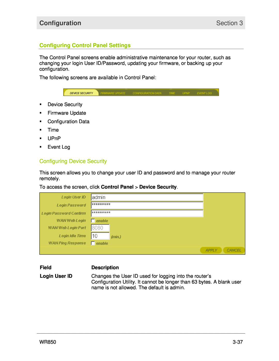 Motorola WR850 manual Configuring Control Panel Settings, Configuring Device Security, Configuration, Section 