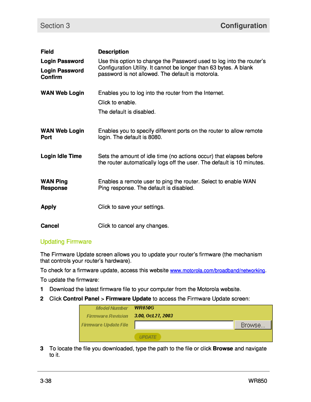 Motorola WR850 manual Updating Firmware, Section, Configuration 